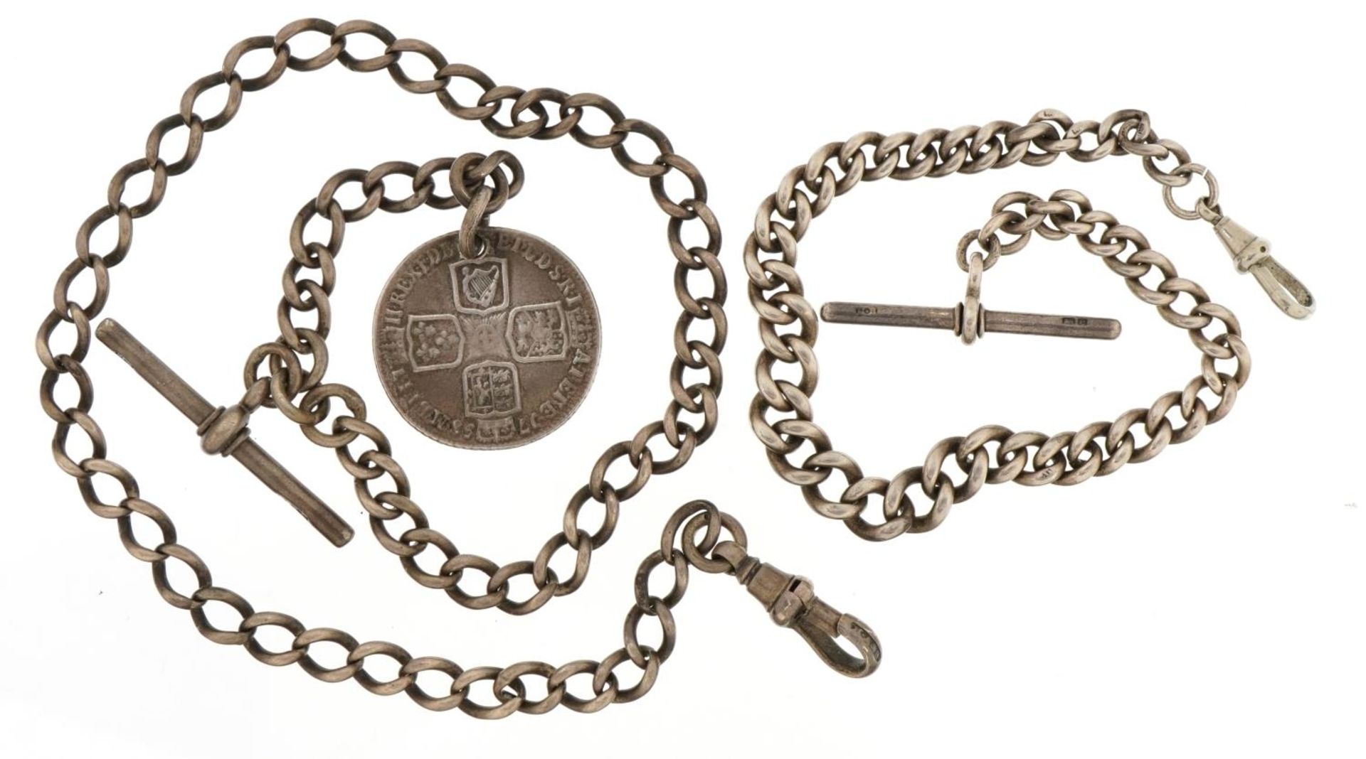 Two gentlemen's silver watch chains with T bars, one with a George II 1758 shilling, the largest - Image 2 of 2