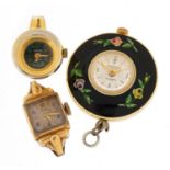Three ladies watches comprising Sorna ring watch, Elgin wristwatch and Rimarex fob watch