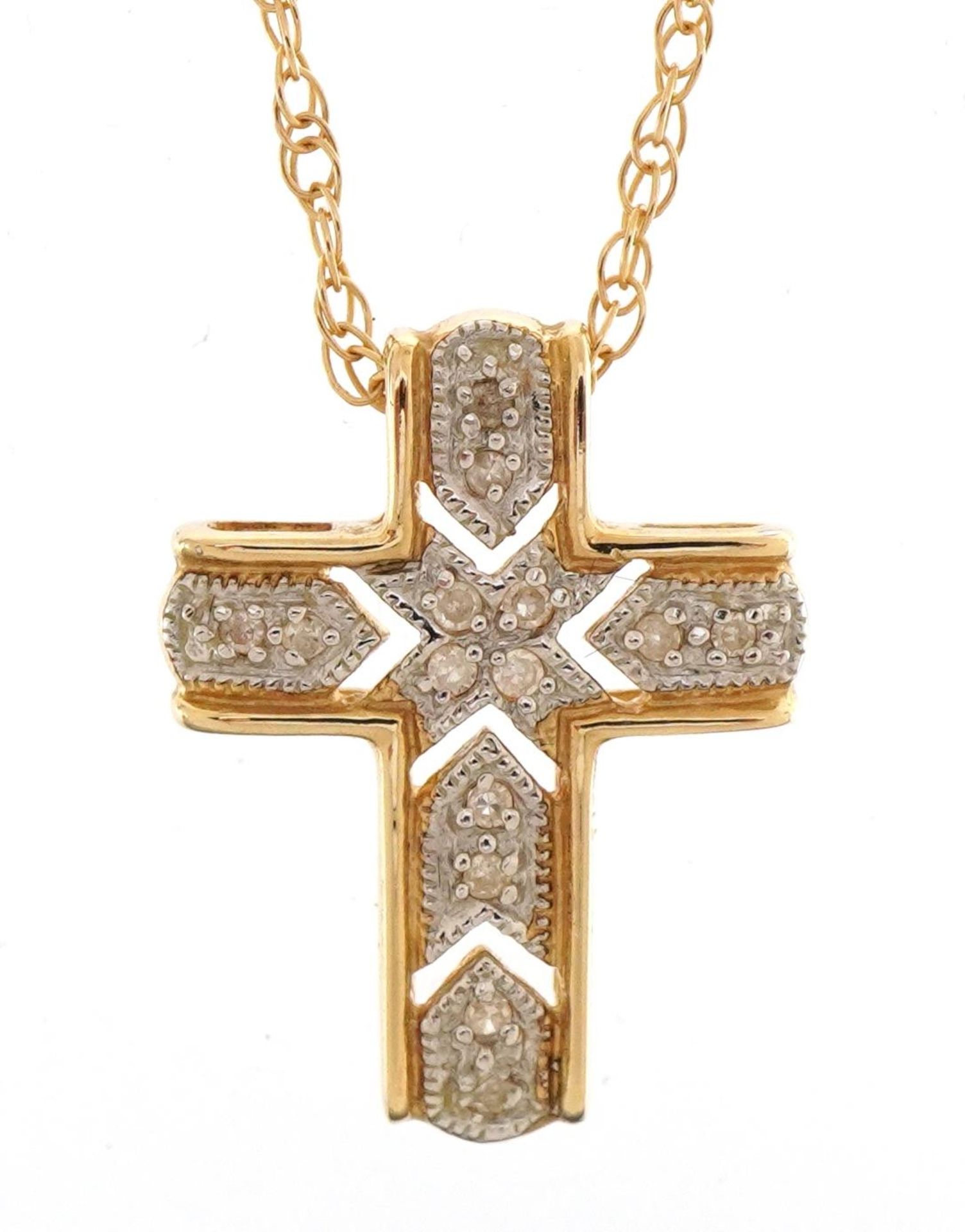 14ct gold diamond cross pendant on a 14ct gold necklace, housed in a Danbury Mint box, 1.8cm high