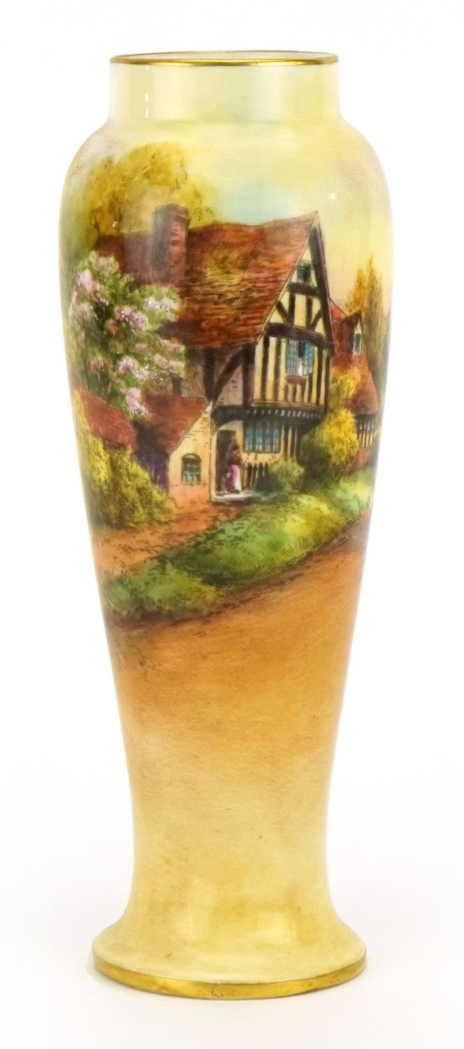 Raymond Rushton for Royal Worcester, porcelain baluster vase hand painted with a Cropthorne street