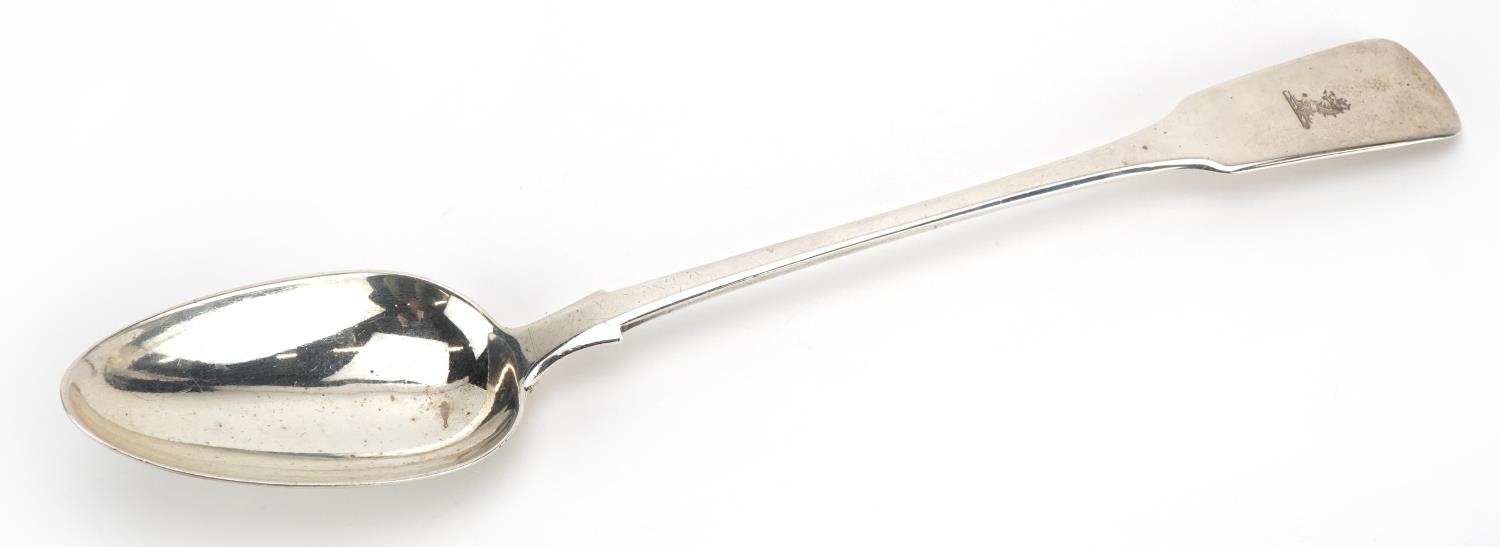 Solomon Hougham, George III silver basting spoon with engraved heraldic crest, London 1813, 31.5cm