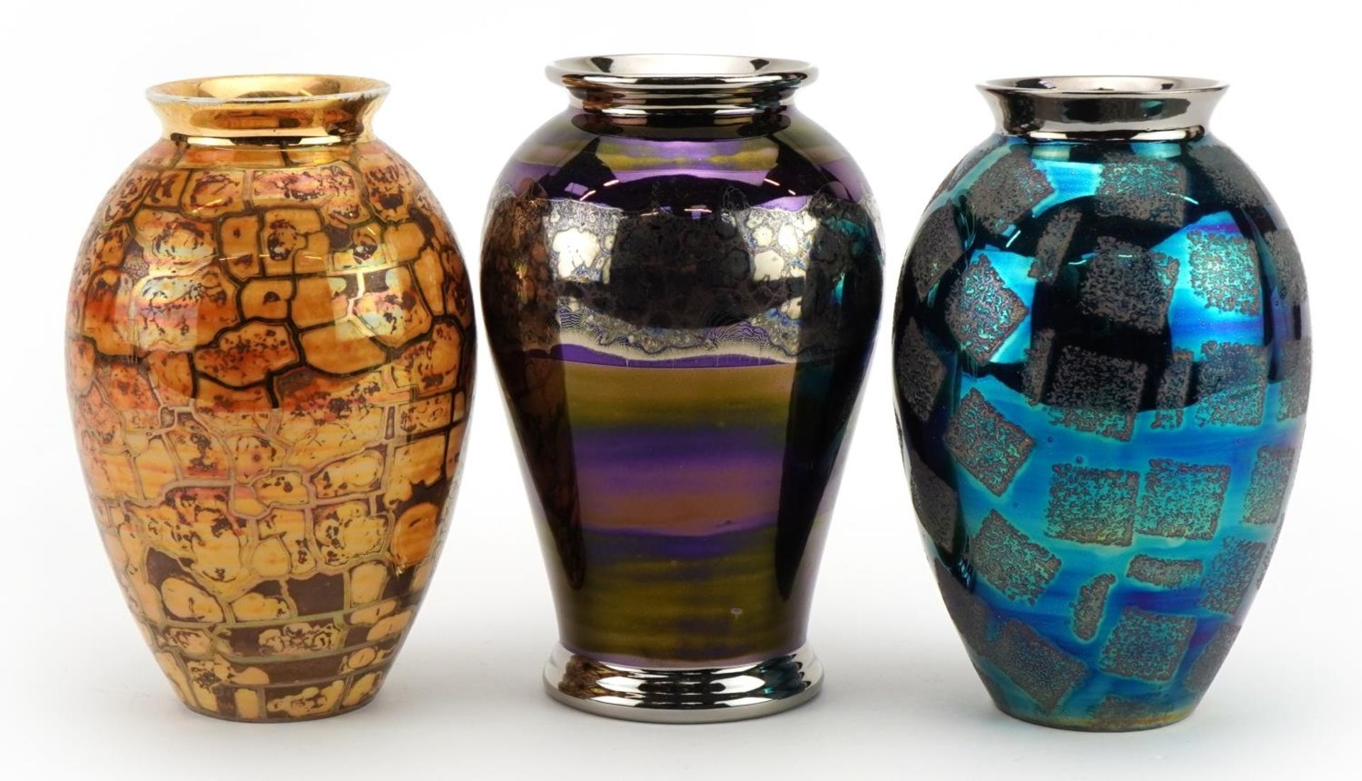 Atkinson Jones, three contemporary lustreware vases including crackle and block design glazes, the - Image 2 of 4