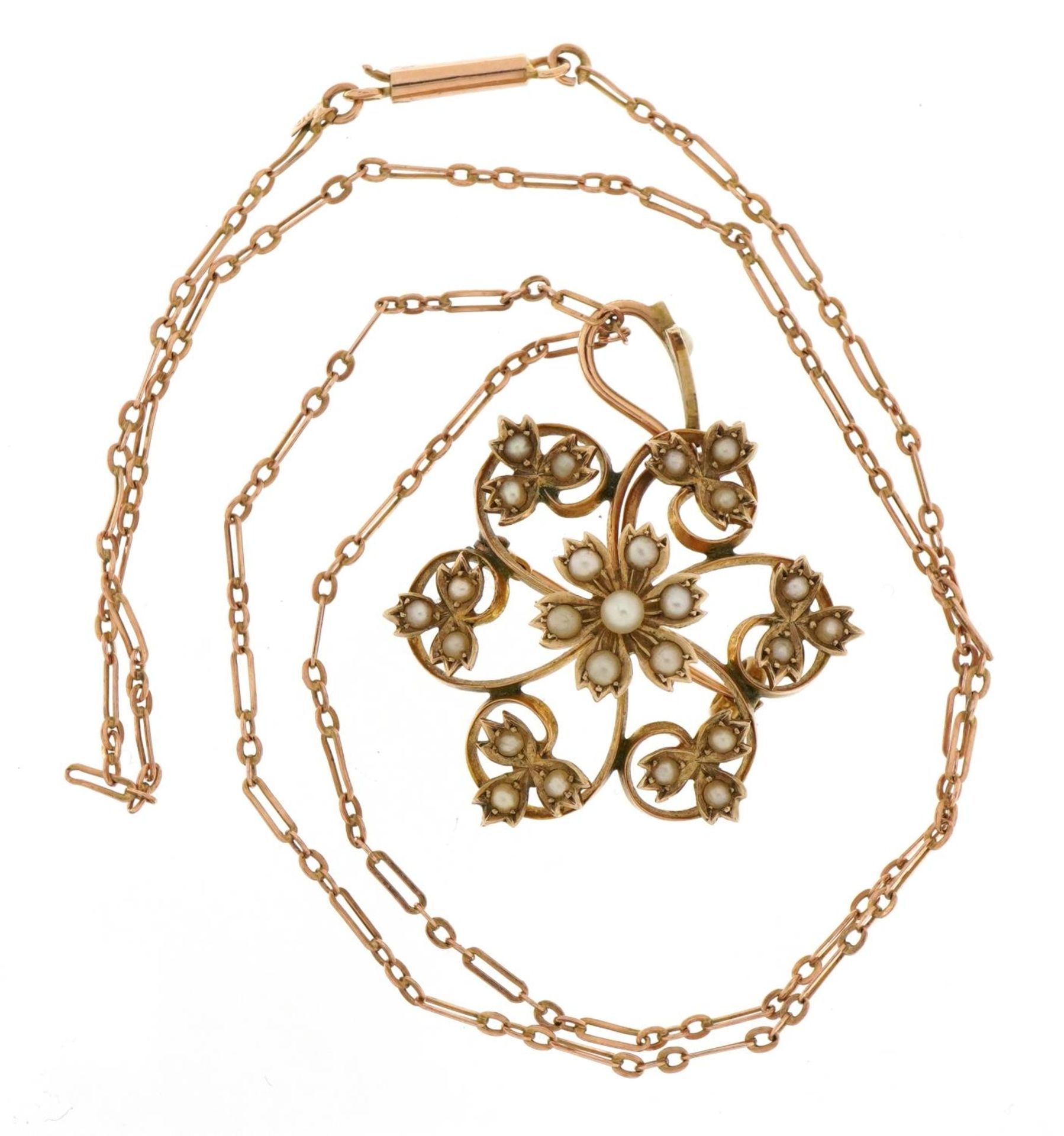 Art Nouveau 9ct gold seed pearl flower head drop pendant brooch on a 9ct rose gold fancy link - Image 2 of 4