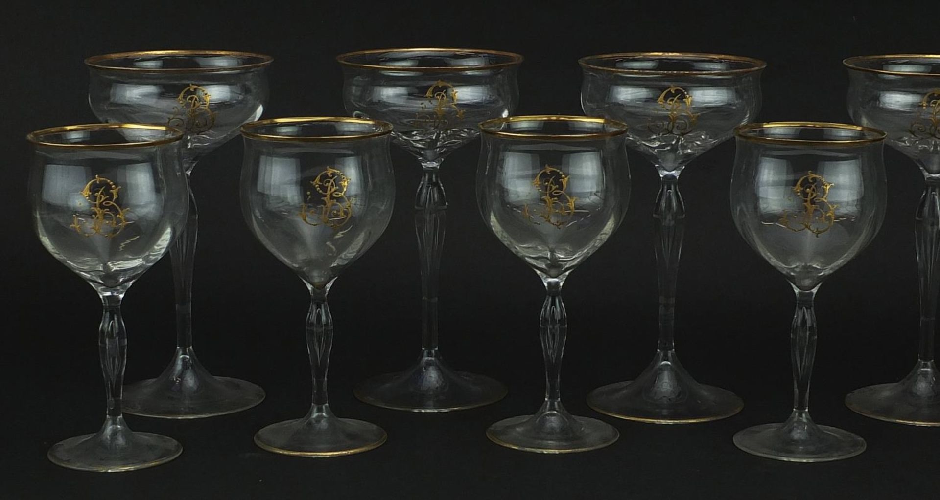 Two sets of six Venetian glasses with gilt monograms and borders, the largest each 18cm high - Image 2 of 4