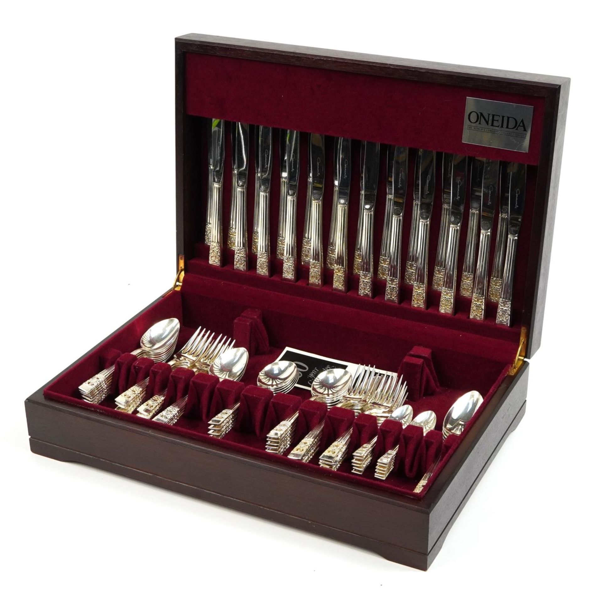 Oneida twelve place canteen of community silver plated cutlery housed in a mahogany canteen, the