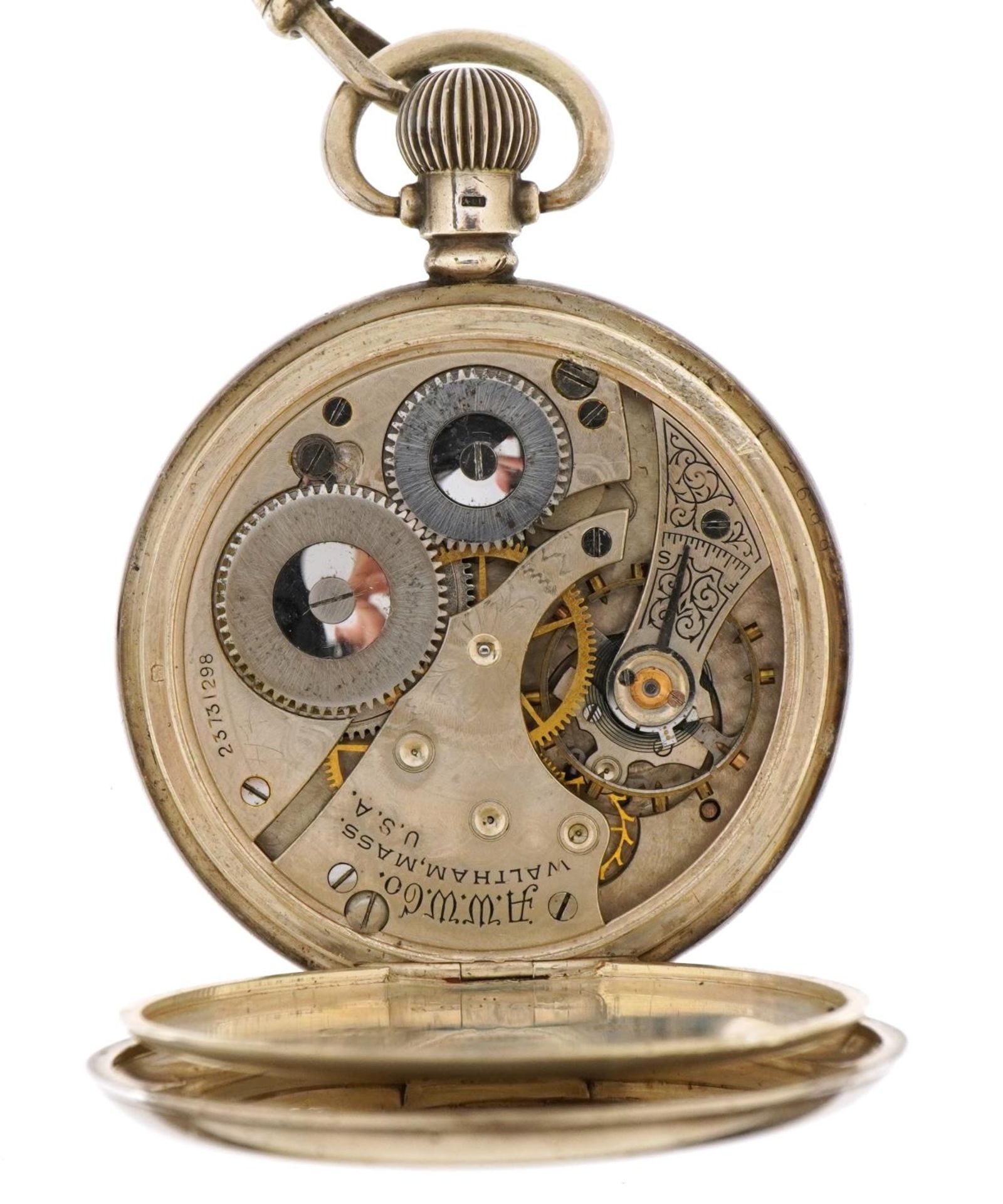 Waltham, gentlemen's silver open face pocket watch and silver watch chain with T bar and jewel, - Image 4 of 5