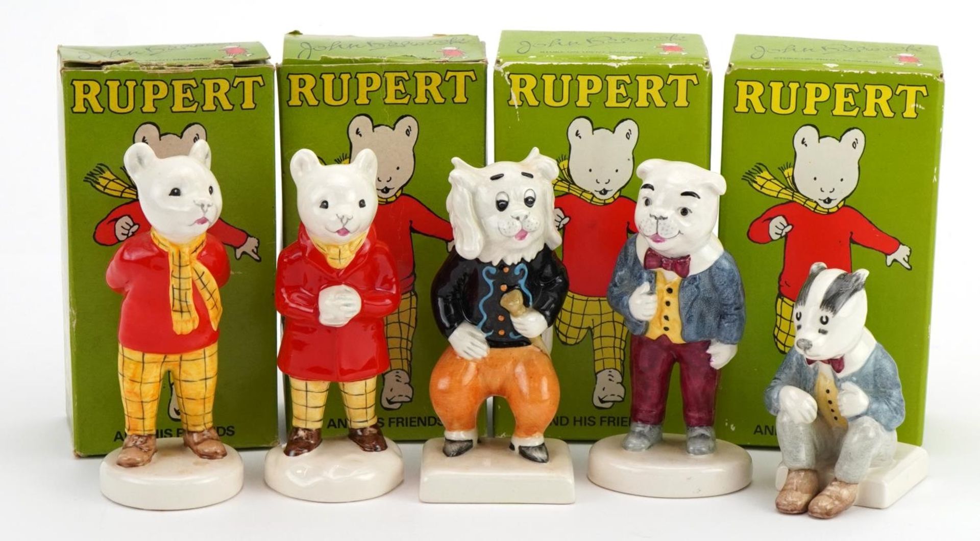 Five Beswick Rupert and his Friends figures, four with boxes comprising Rupert the Bear, Rupert