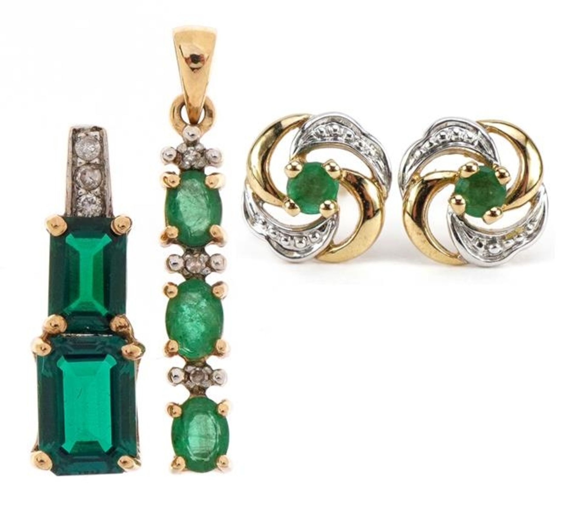 9ct gold jewellery comprising 9ct gold emerald and diamond pendant with matching emerald stud