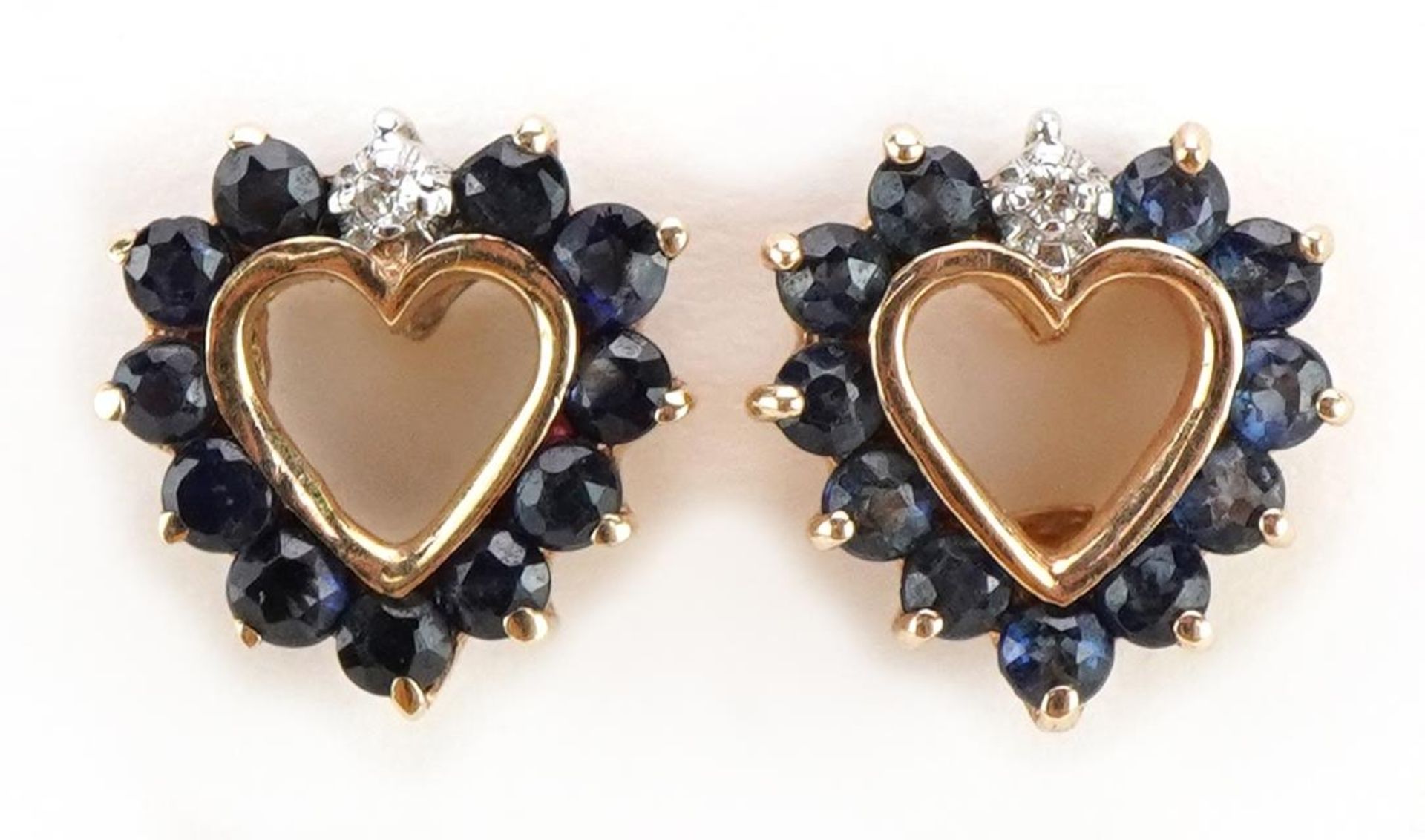 Pair of 9ct gold sapphire and diamond love heart stud earrings, 10mm high, 1.6g