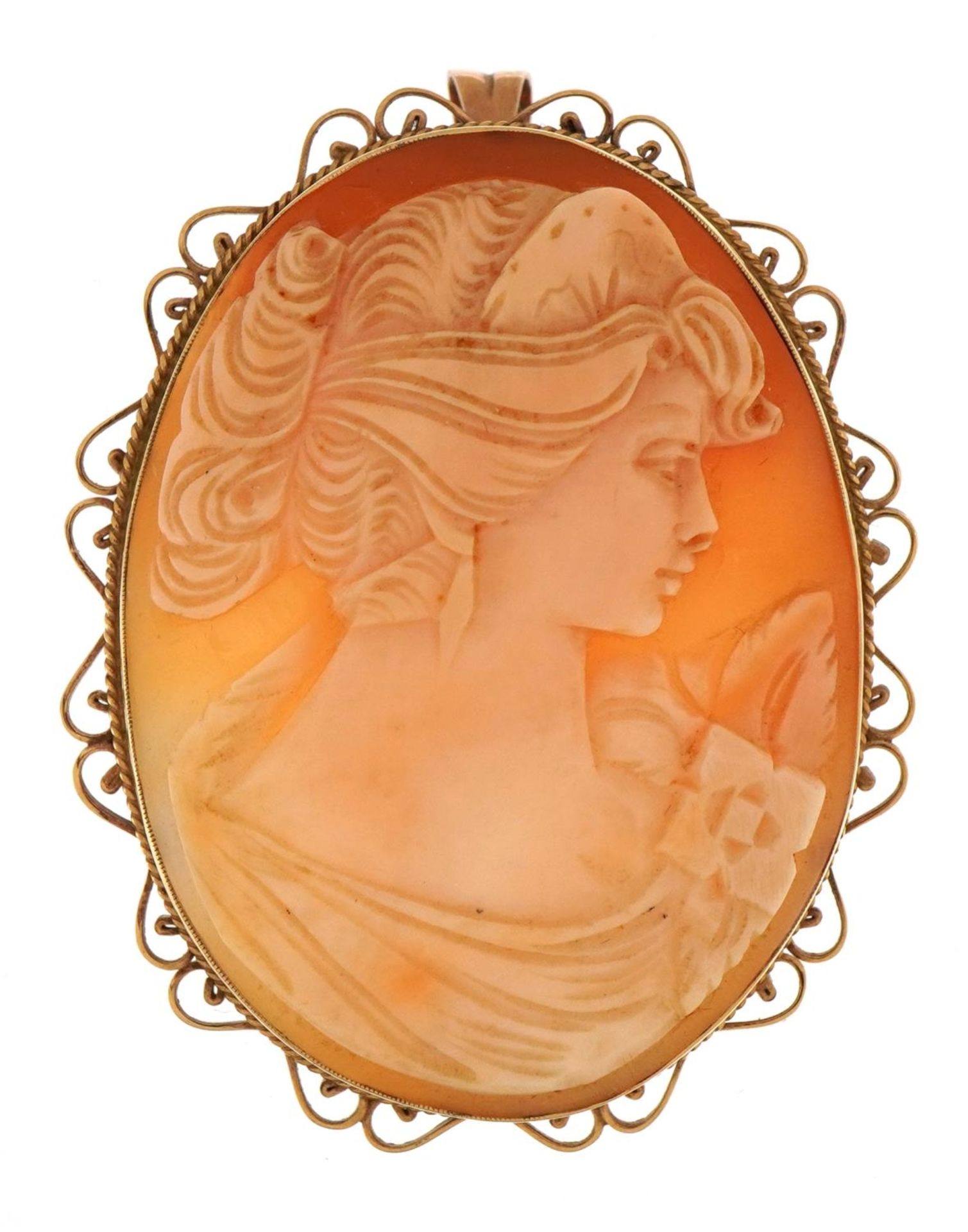 Large 9ct gold mounted cameo maiden head pendant brooch, 5.5cm high, 17.4g