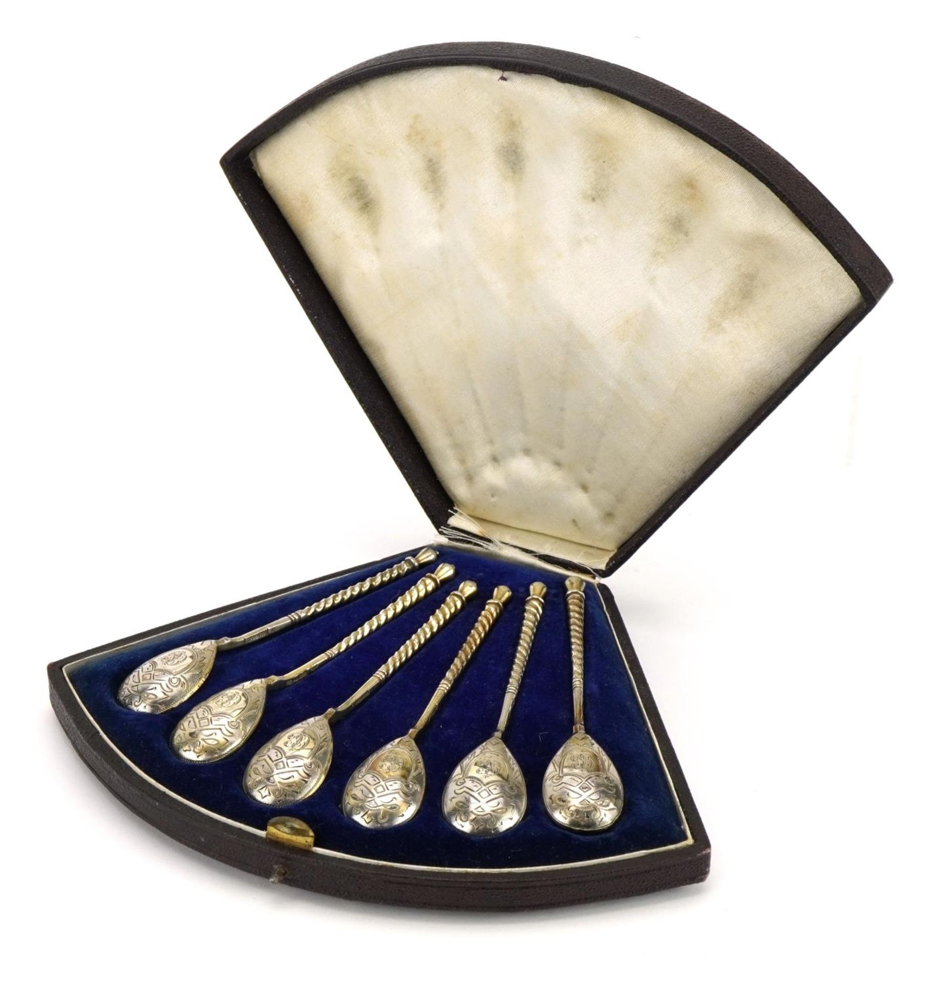 Set of six 19th century Russian silver spoons housed in a velvet and silk lined fitted case, - Image 2 of 7