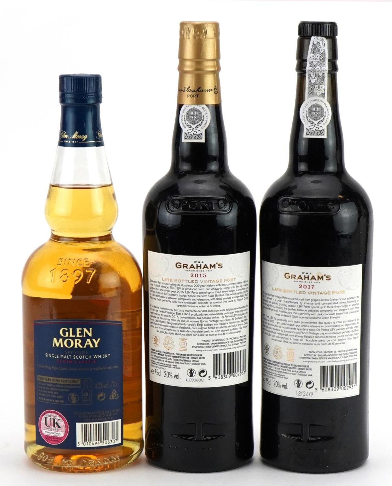 Three bottles of alcohol comprising Graham's Port 2015 and 2017 and Glen Moray single malt Scotch - Image 2 of 2