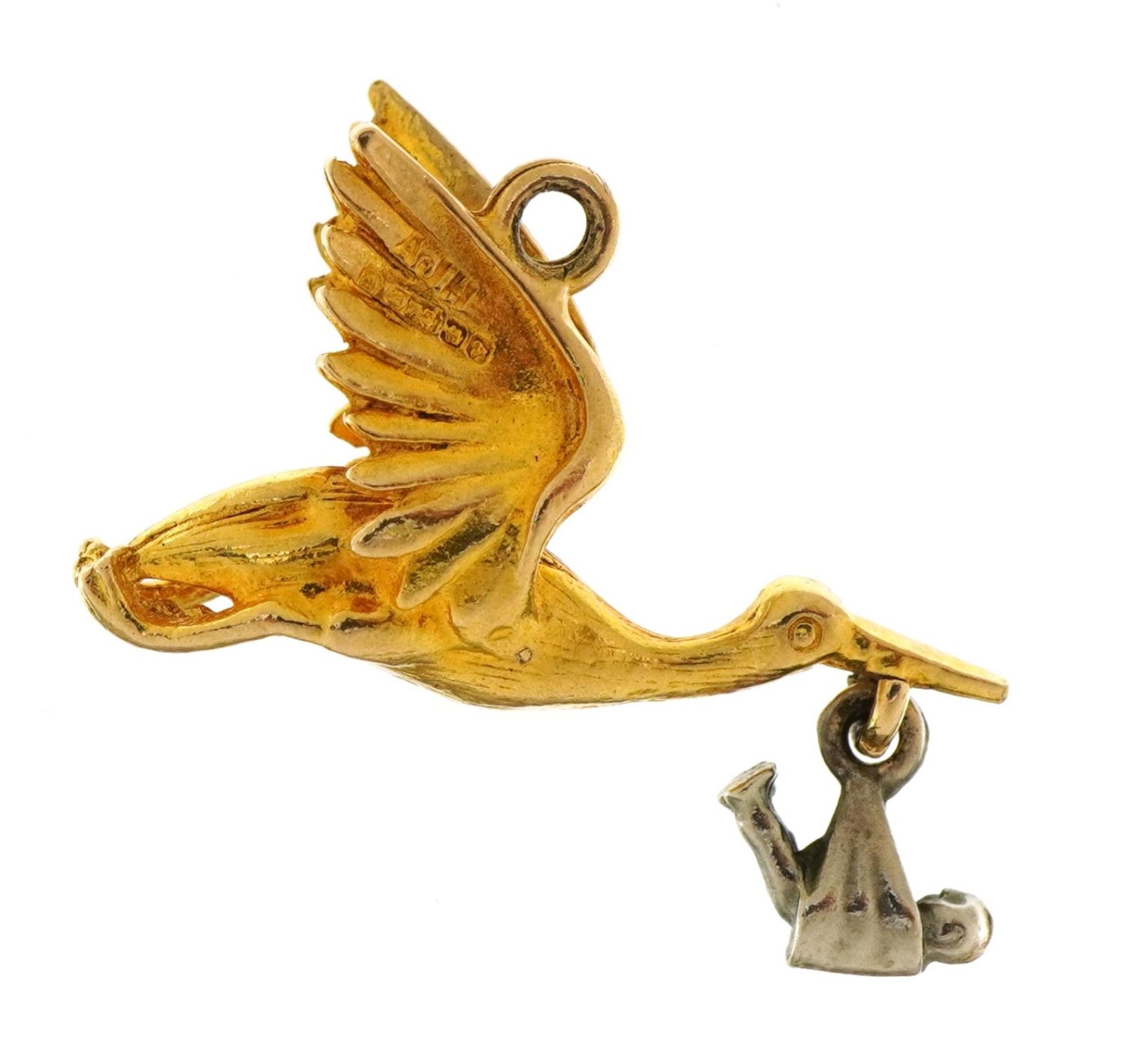 9ct wo tone gold stork and baby charm, 2.2cm wide, 2.6g - Bild 2 aus 3