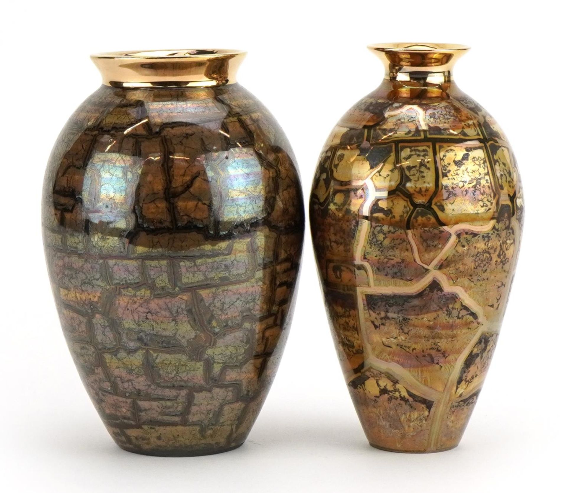 Atkinson Jones, two contemporary lustreware vases having brown crackle glazes, each 16.5cm high - Image 2 of 4