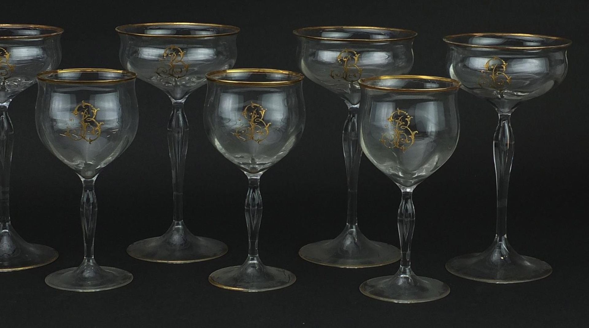 Two sets of six Venetian glasses with gilt monograms and borders, the largest each 18cm high - Image 3 of 4