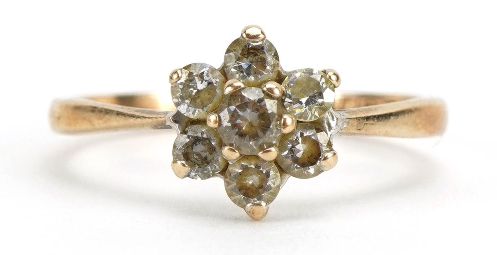 9ct gold clear stone flower head ring, size M, 1.7g