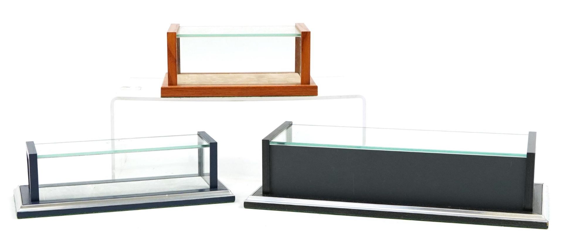 Three wooden and glass collector's model display cases, the largest 32cm in length - Image 2 of 3