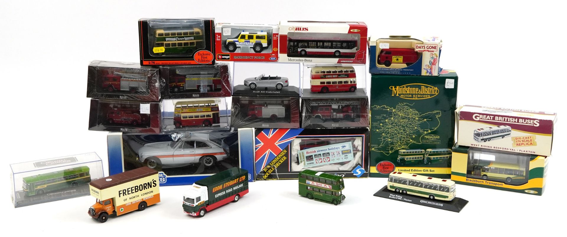 Collection of diecast collector's vehicles, mostly with boxes, including Atlas Edition fire engines,