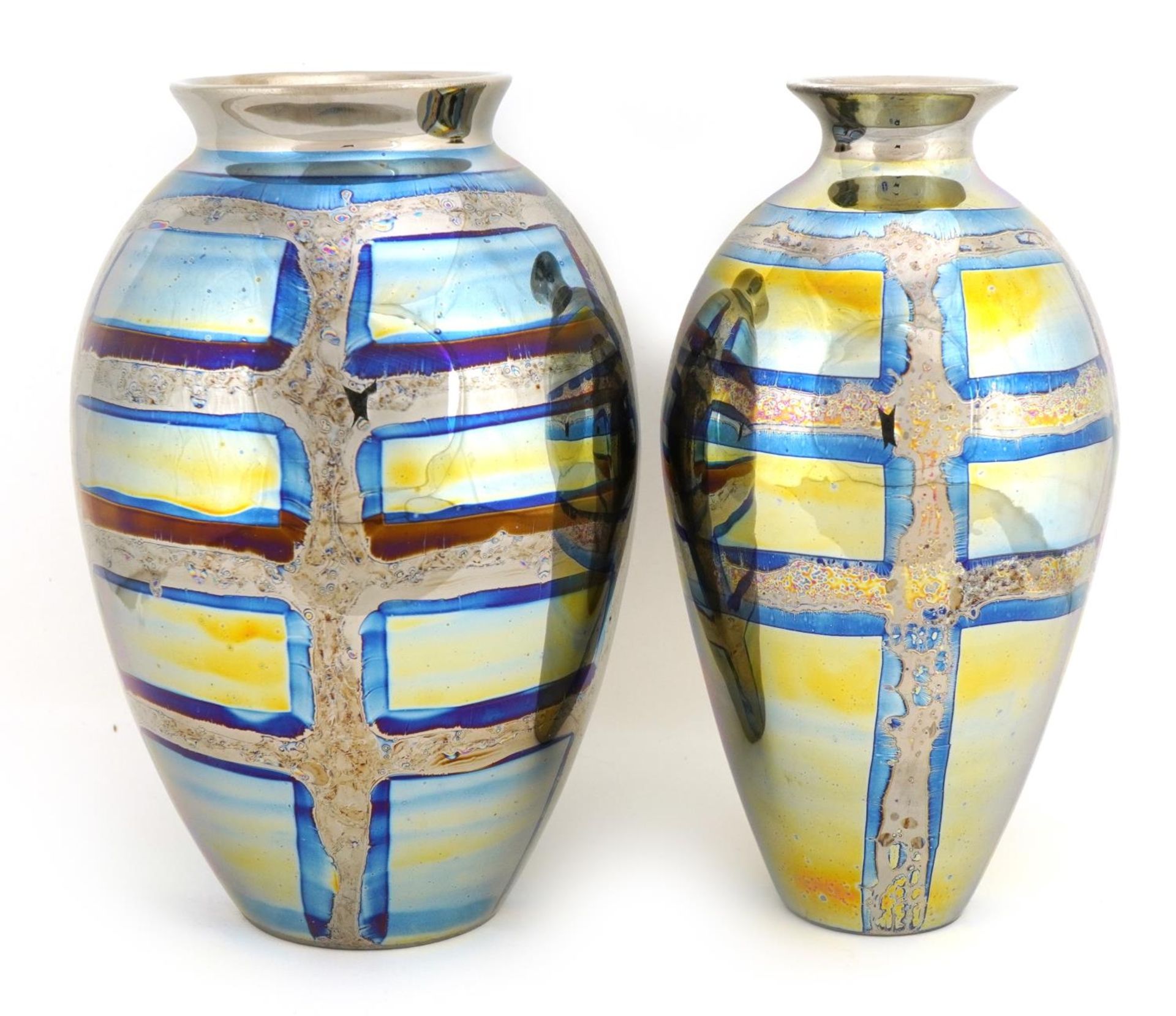 Atkinson Jones, two contemporary lustreware vases having silvered block design glazes, each 16.5cm - Image 2 of 4