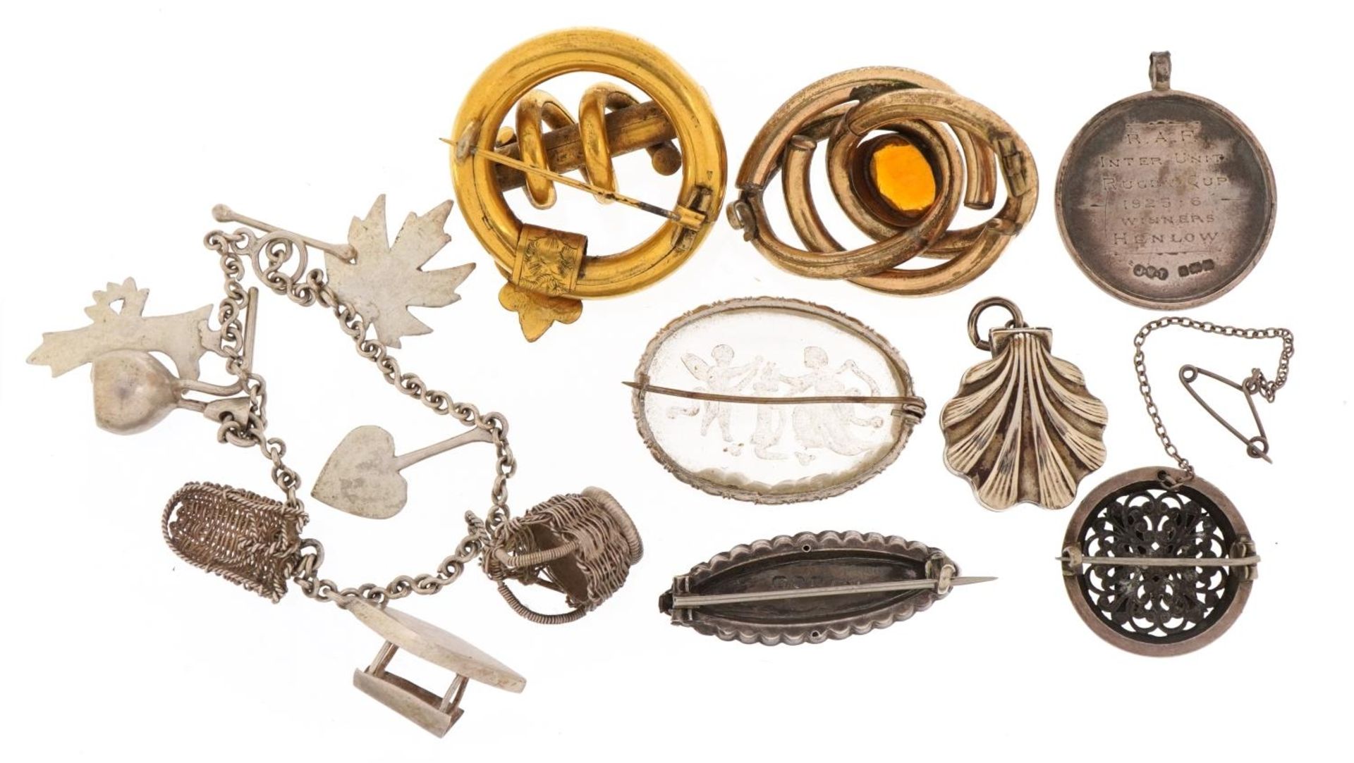 Victorian and later jewellery including silver charm bracelet, yellow metal brooches with engraved - Image 4 of 4