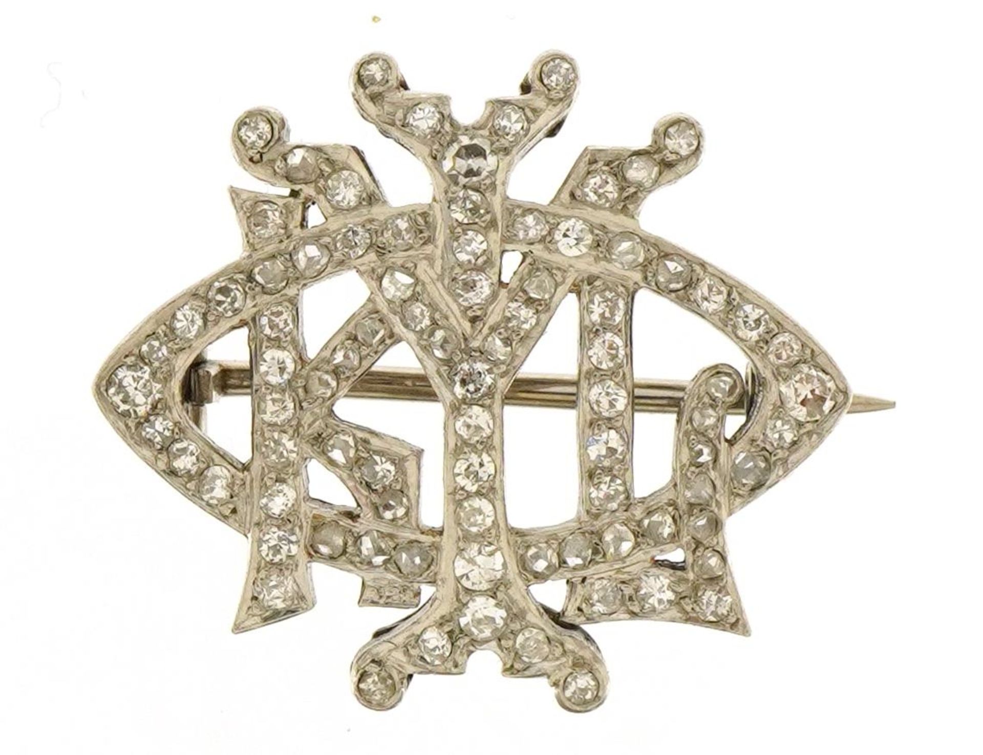 Art Deco platinum and diamond initial brooch, possibly KYL, 2.3cm wide, 4.5g