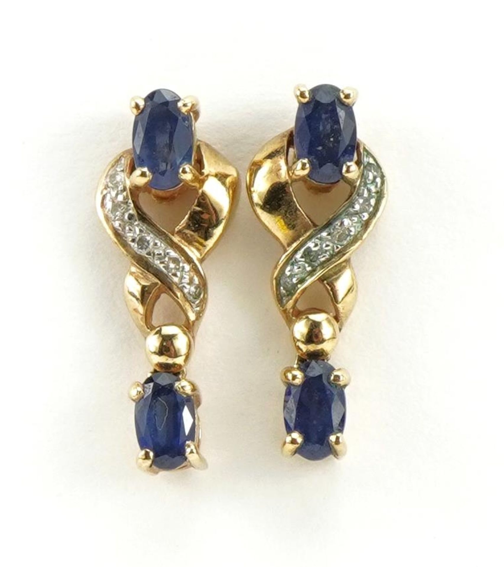 Pair of 9ct gold sapphire and diamond crossover drop earrings, 1.9cm high, 2.4g