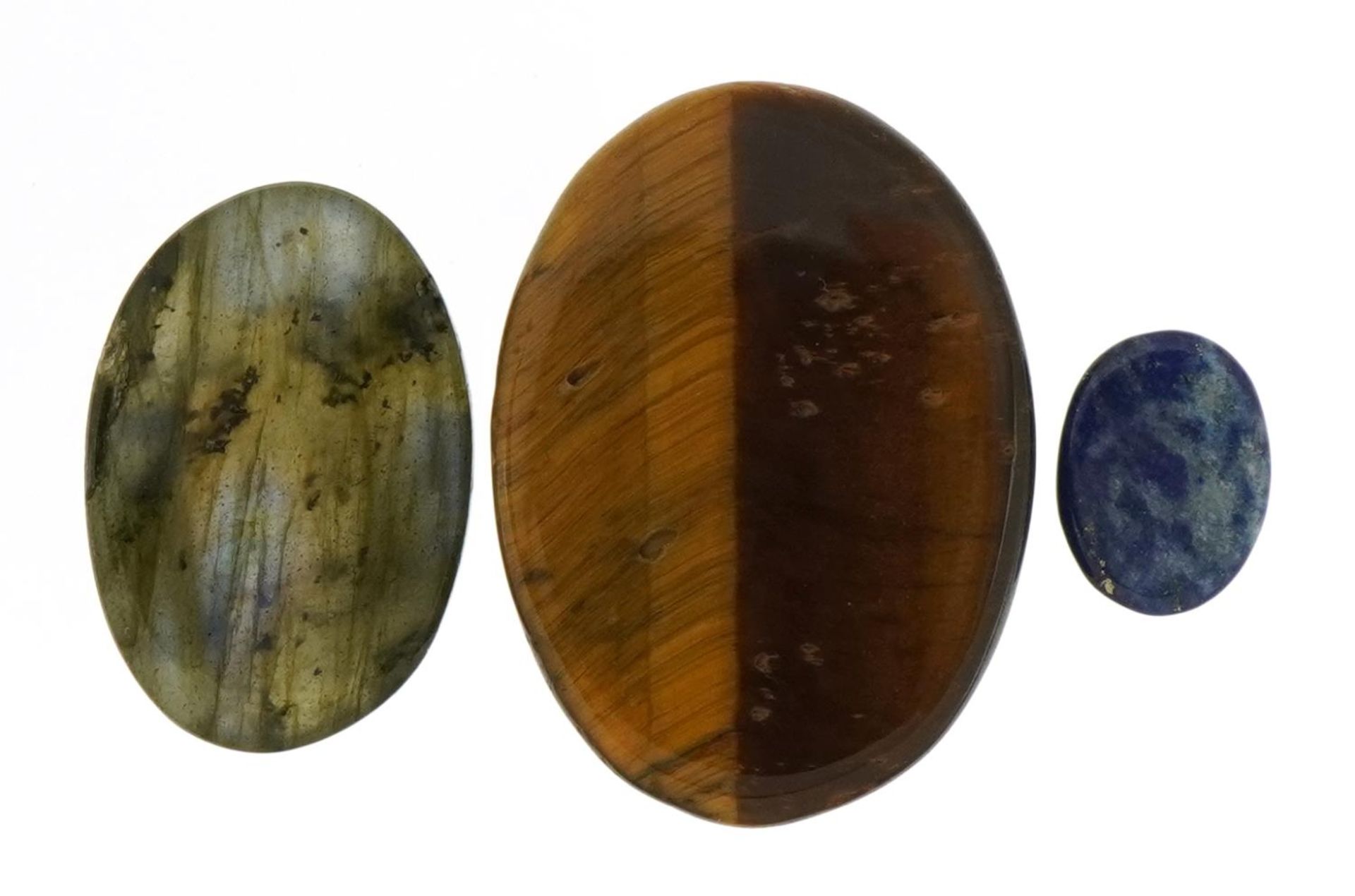 Three gemstones with certificates comprising tiger's eye 57.75 carat, labradorite 27.39 carat and - Image 2 of 3