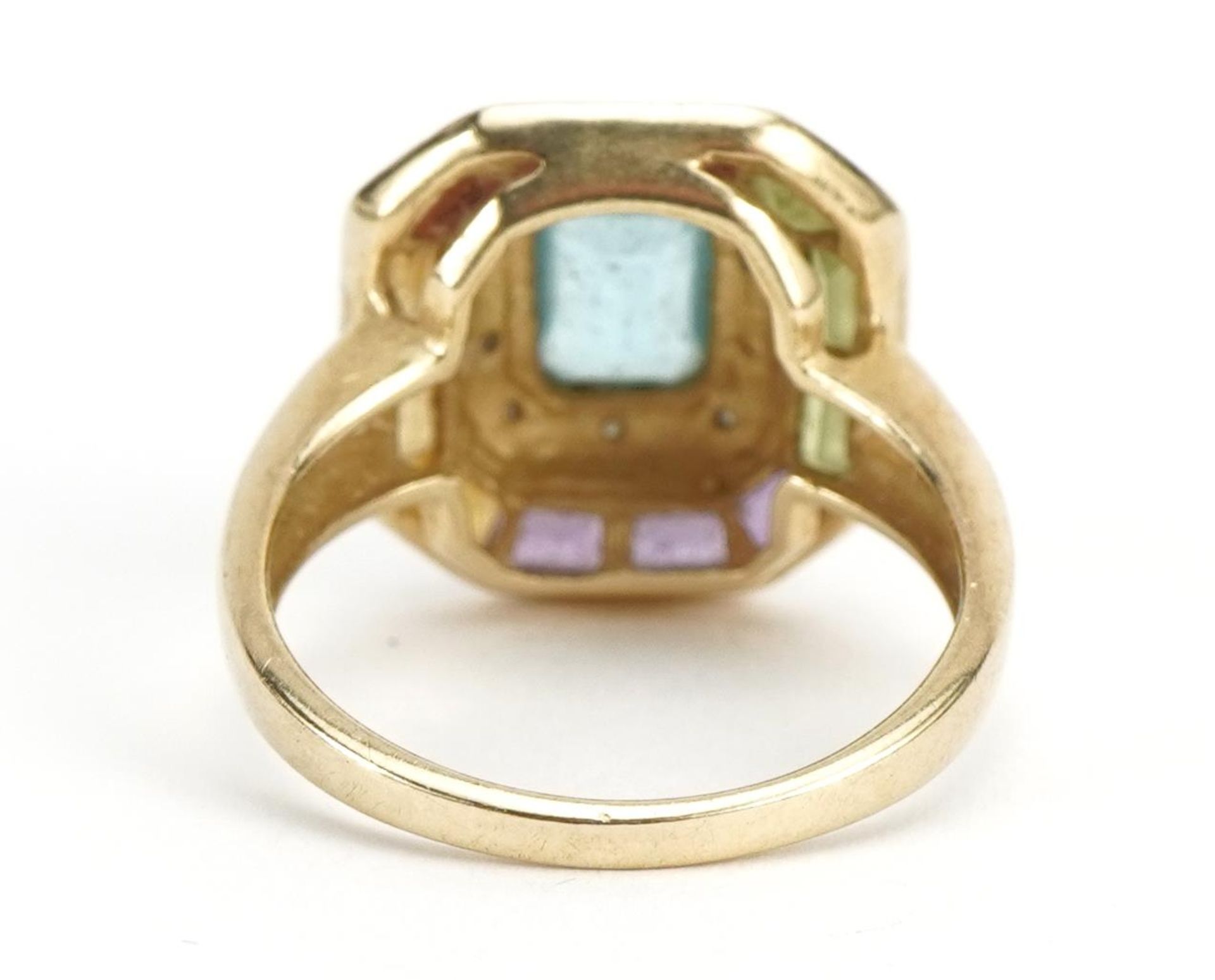 Art Deco style 10k gold multi gem and diamond ring with split shoulders, size N, 4.1g - Image 2 of 5