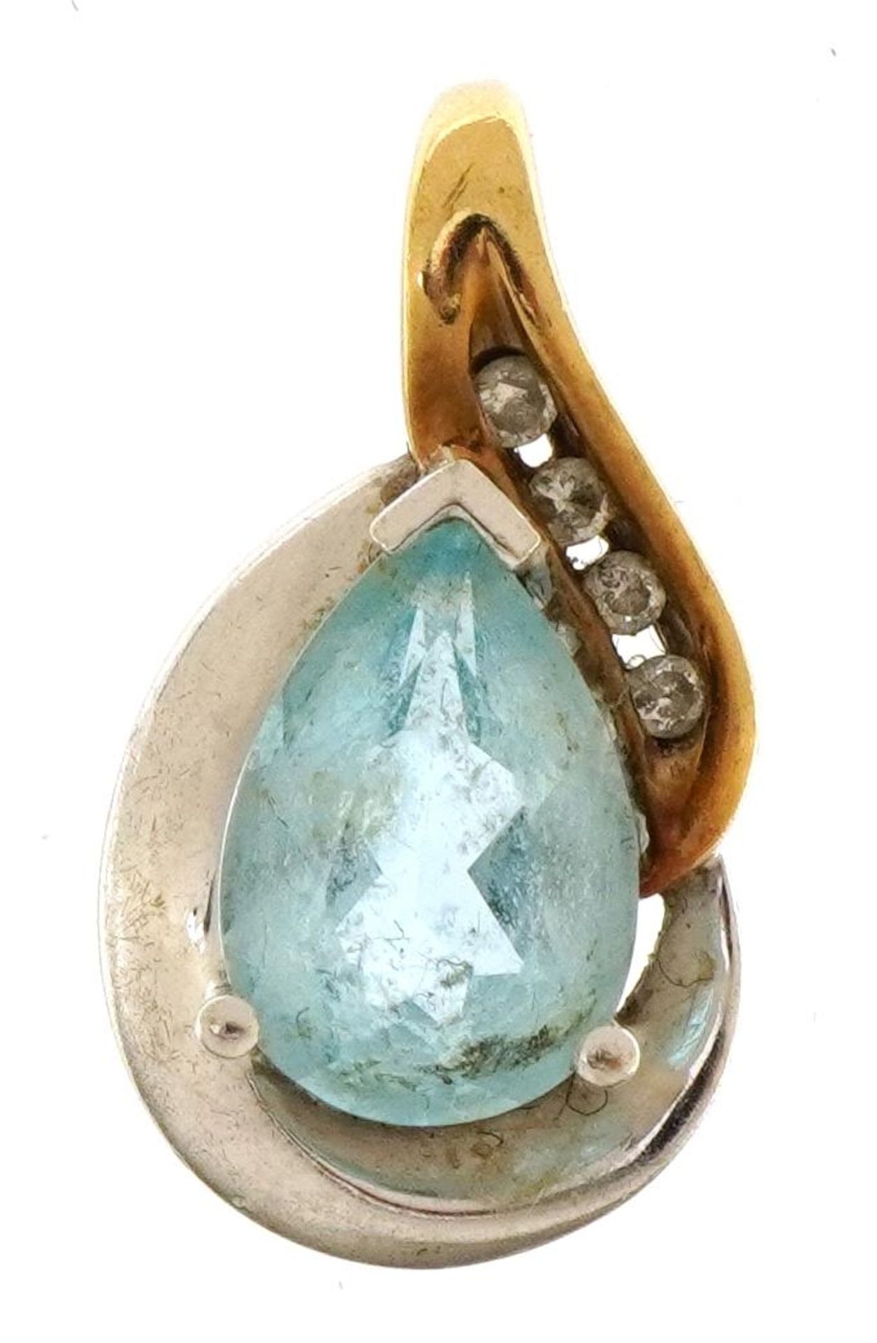 9ct gold blue topaz tear drop pendant set with four diamonds, 2.0cm high, 2.4g