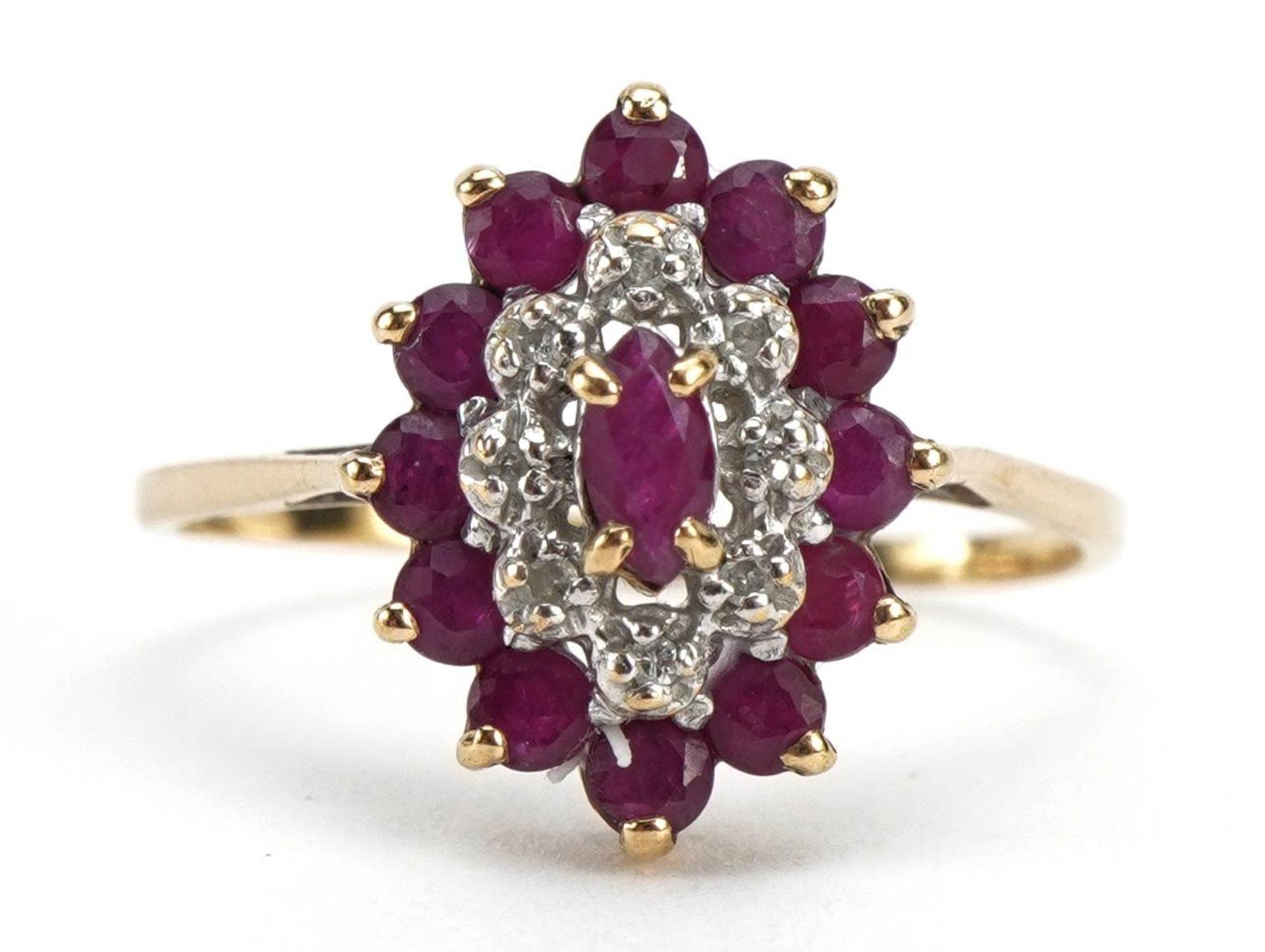 9ct gold ruby and diamond three tier cluster ring, size Q, 2.2g