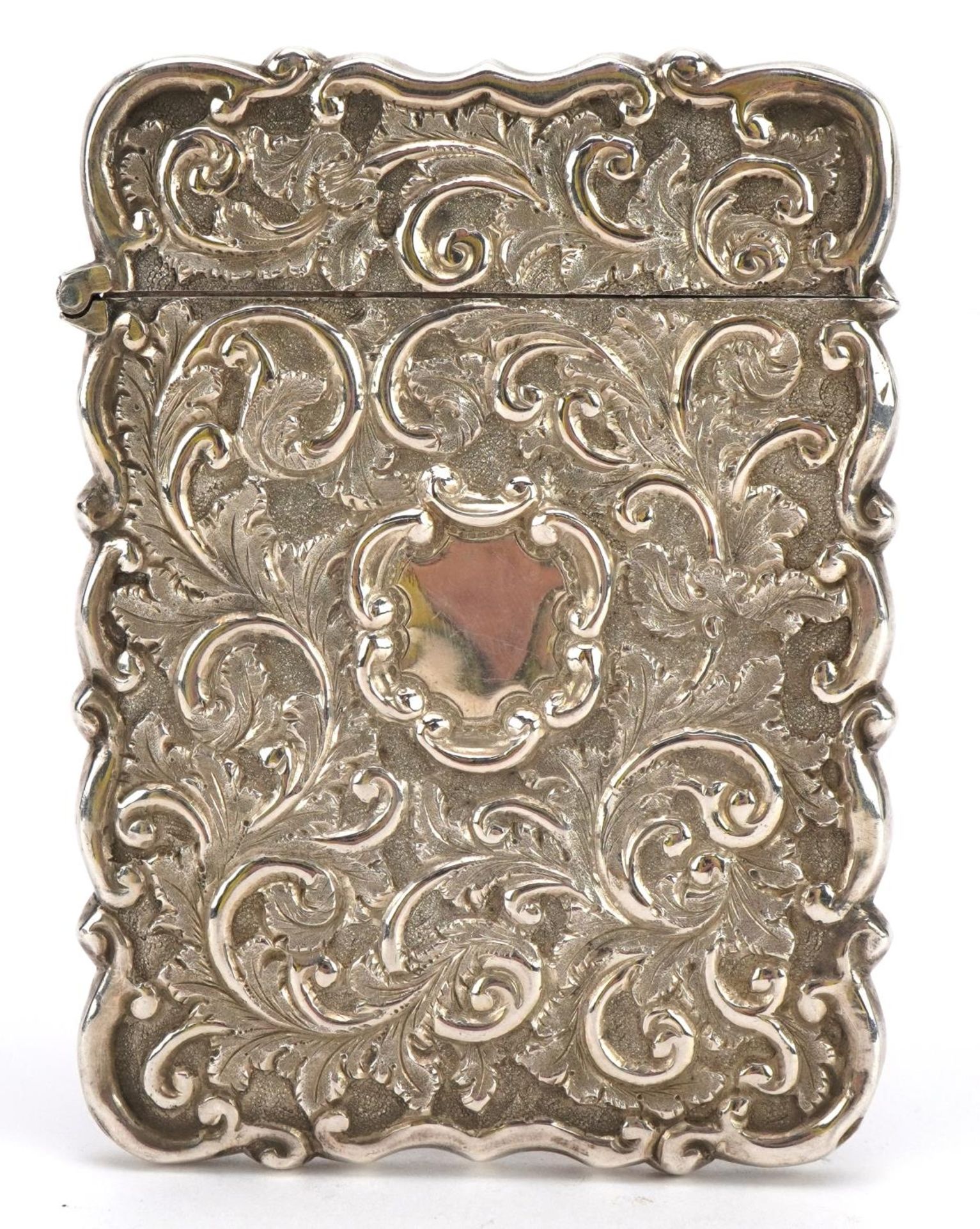 Hilliard & Thomason, Victorian silver castle top card case embossed with York Minster and foliate - Image 3 of 4