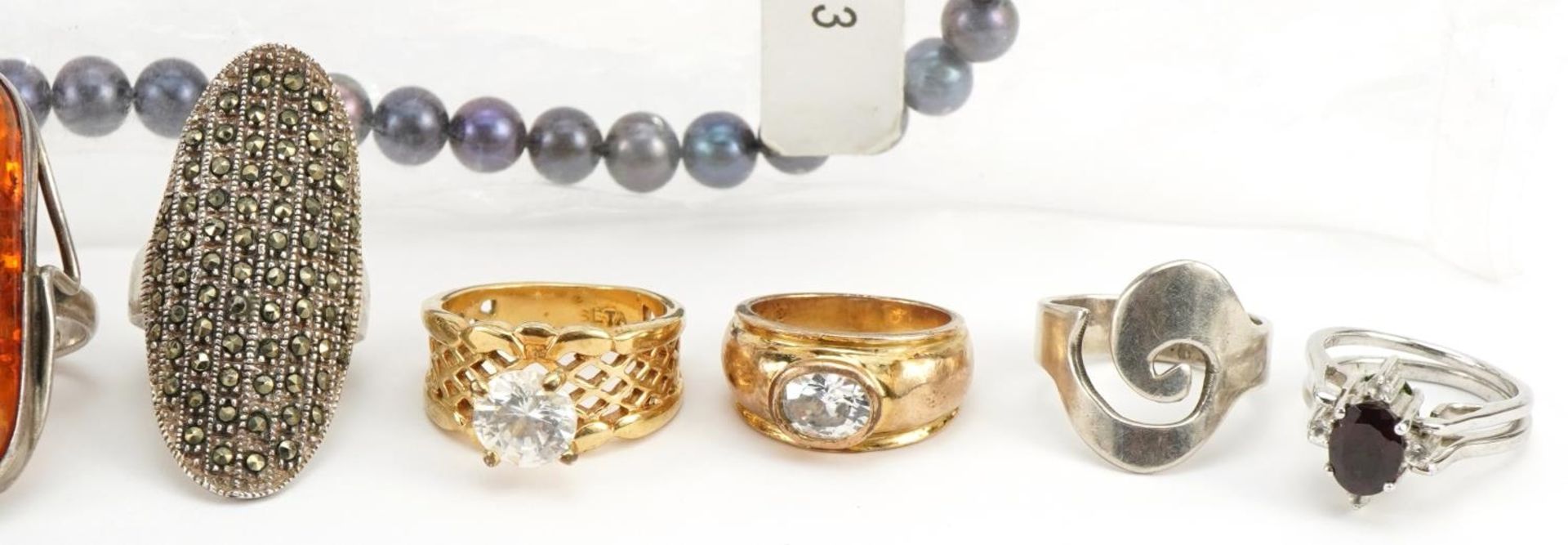 Silver and white metal jewellery including natural amber ring, pearl necklace and two way swivelling - Image 3 of 5