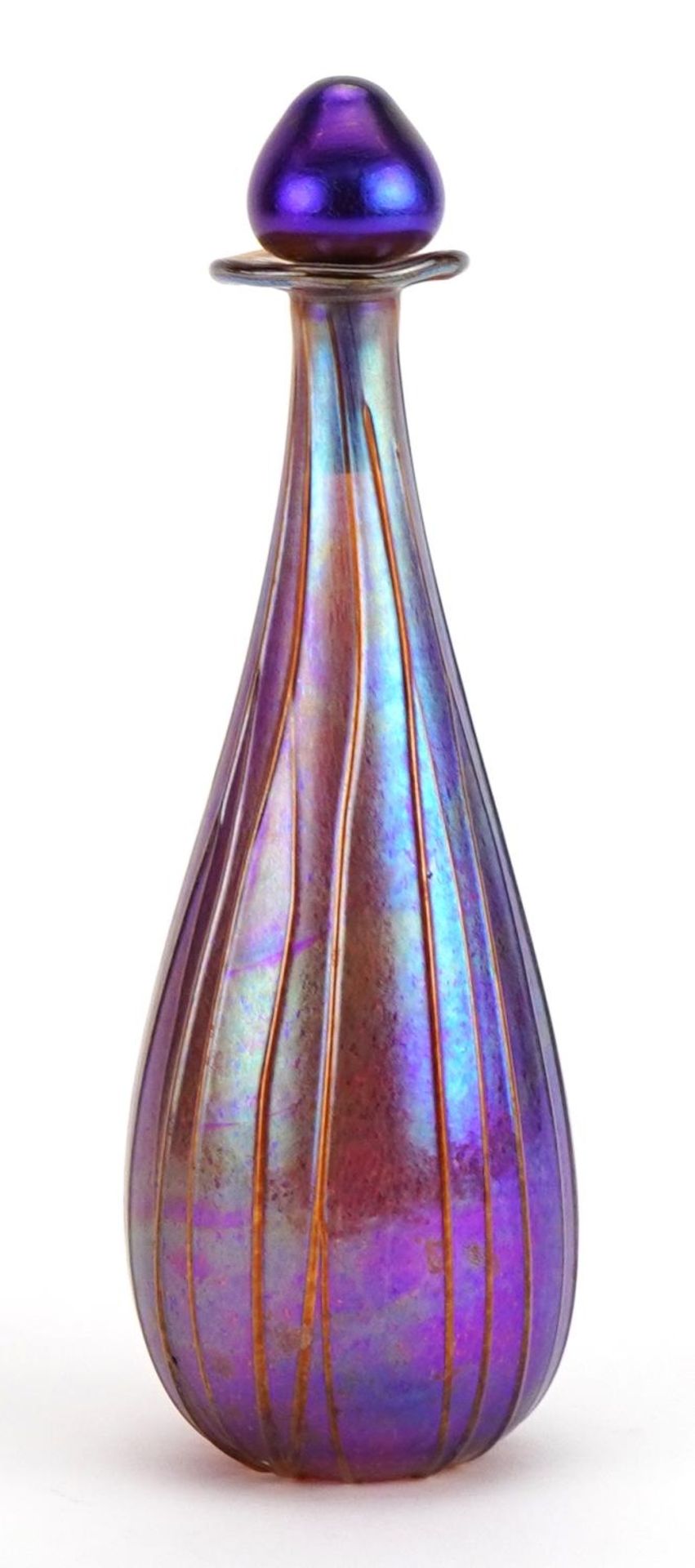 Siddy Langley, large iridescent art glass scent bottle with stopper, etched Siddy Langley around the