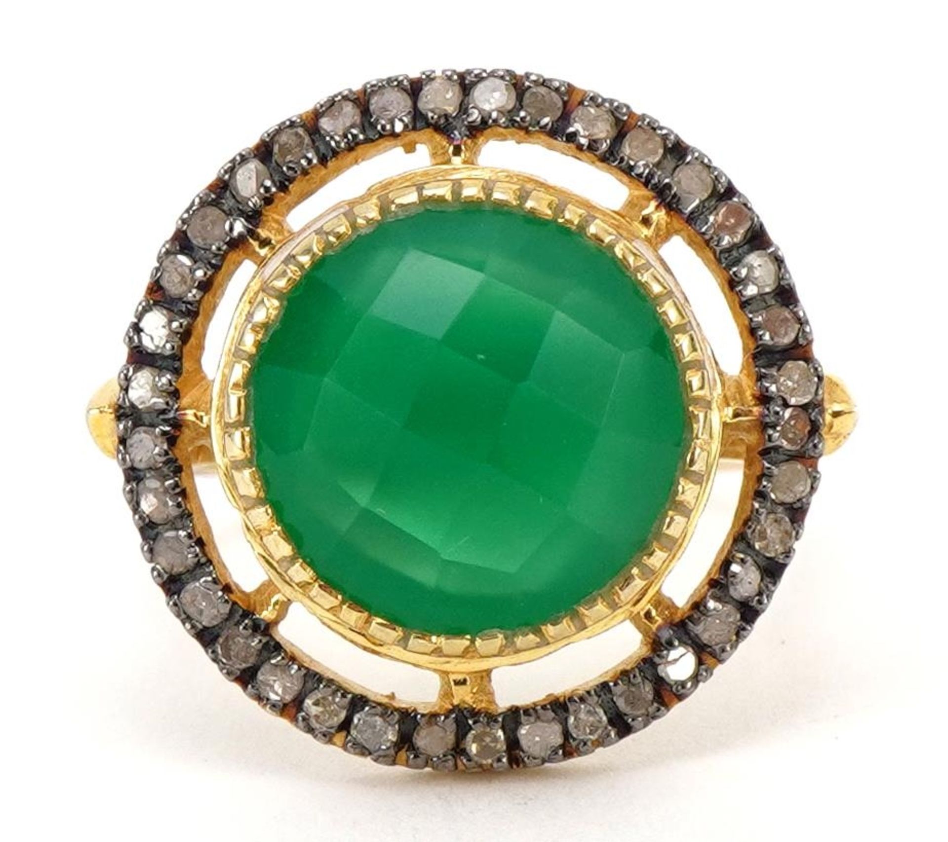 Silver gilt green onyx and diamond ring, the onyx approximately 11.7mm in diameter, size N, 5.9g