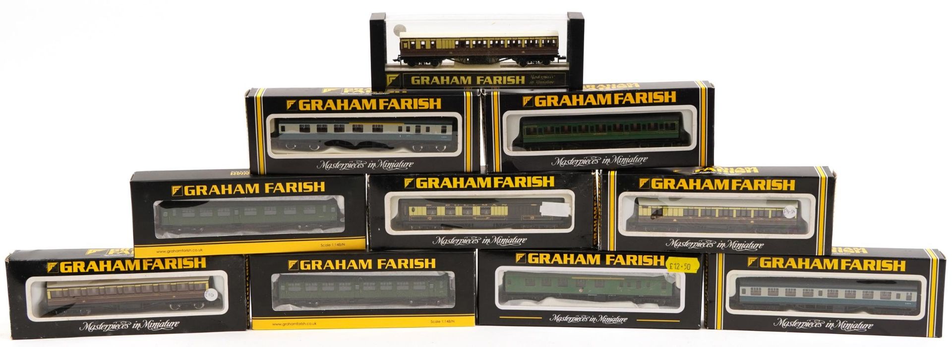 Ten Graham Farish N gauge model railway carriages with boxes, numbers 0614, 0623, 0624, 0634,