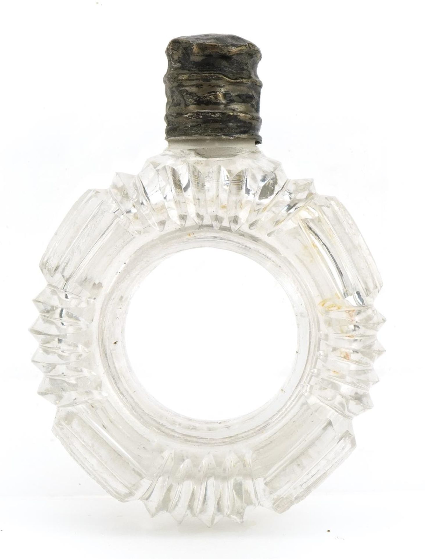Circular cut glass scent bottle with unmarked silver lid and stopper, 6.5cm high - Image 2 of 4