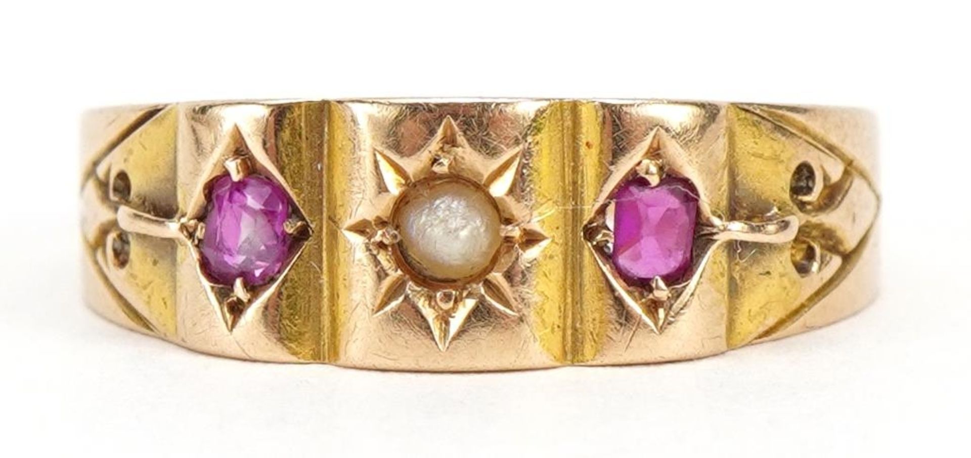 Victorian 15ct gold ruby and seed pearl ring, Birmingham 1876, size N, 2.4g