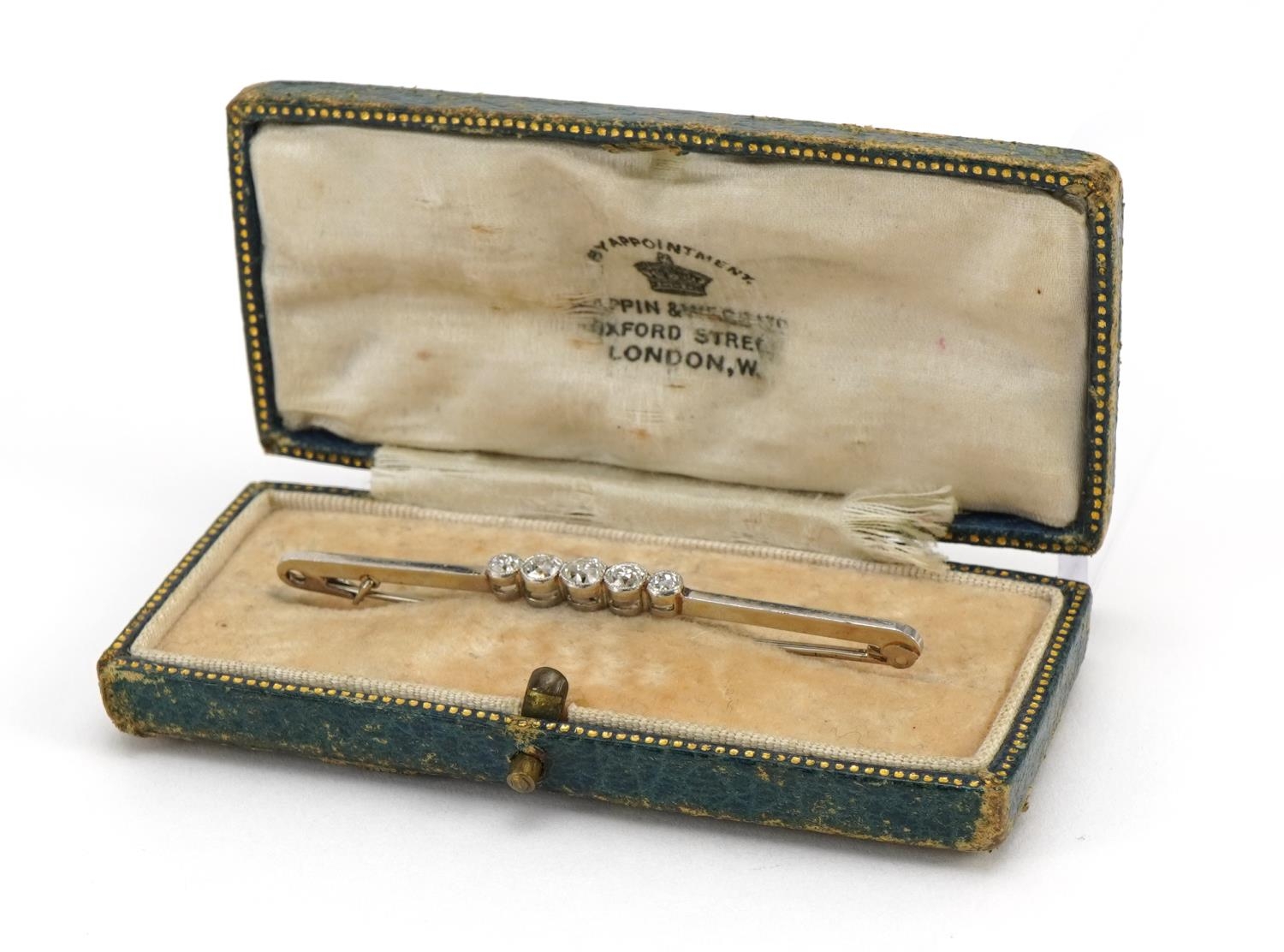 18ct white gold and platinum diamond five stone bar brooch housed in a Mappin & Webb tooled - Image 3 of 4