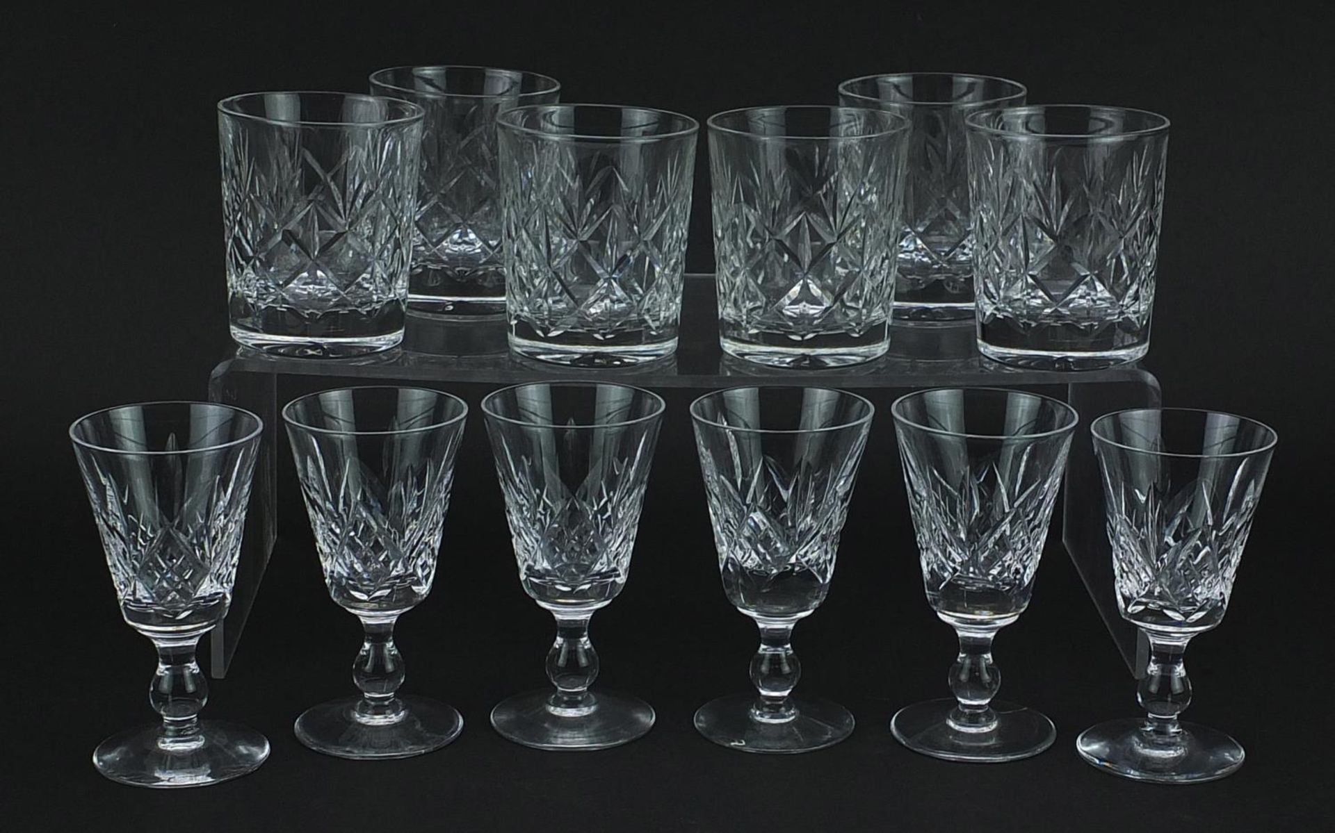 Set of six Edinburgh Crystal tumblers and set of six Stuart Crystal glasses, the largest 10cm high