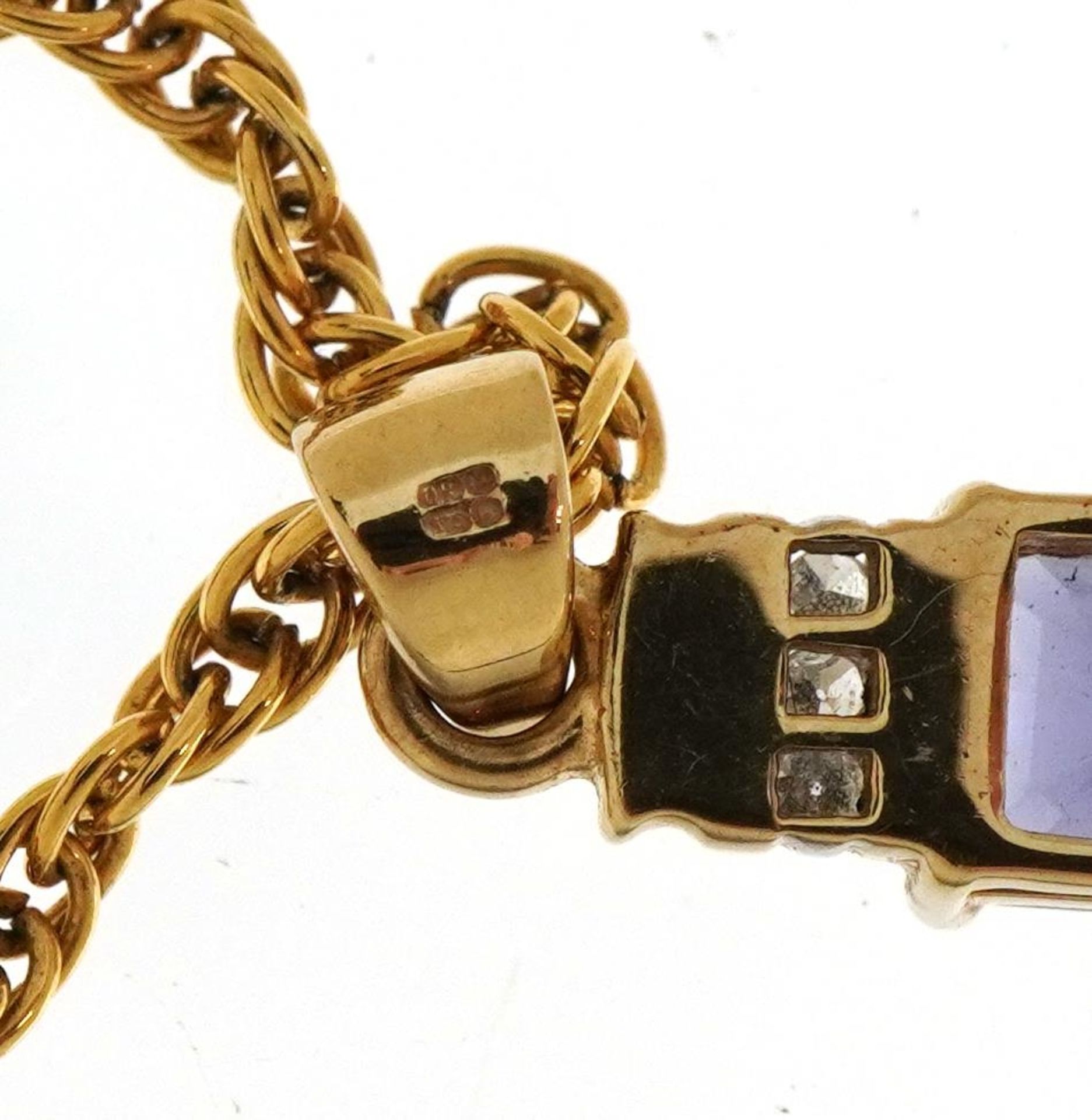 9ct gold purple stone and diamond pendant on a yellow metal necklace, 1.9cm high and 46cm in length, - Bild 4 aus 4
