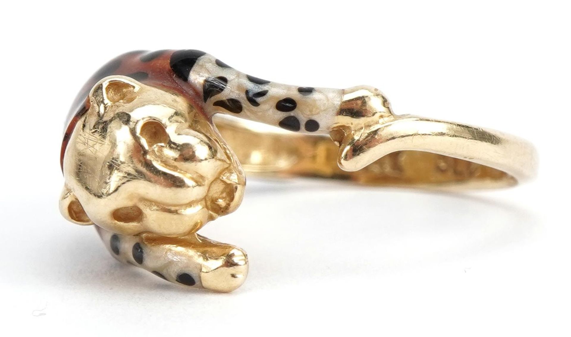 14k gold and enamel leopard ring, size M/N, 3.4g