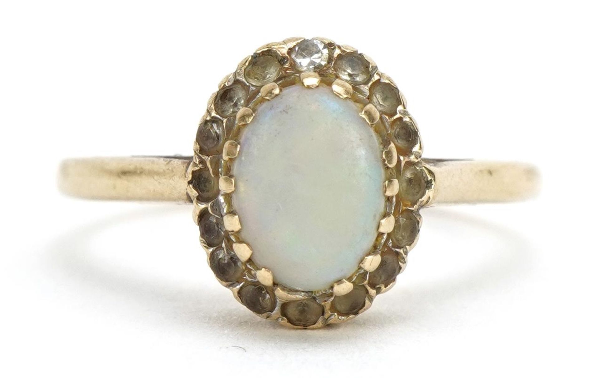 9ct gold cabochon opal, diamond and clear stone cluster ring, size K, 2.1g