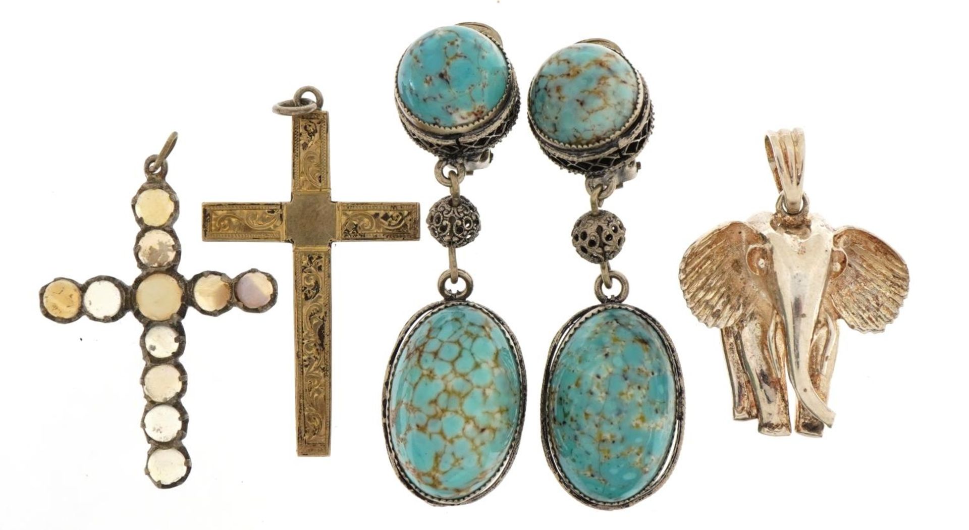 Silver and white metal jewellery inlcuding opal cross pendant, pair of turquoise coloured cabochon