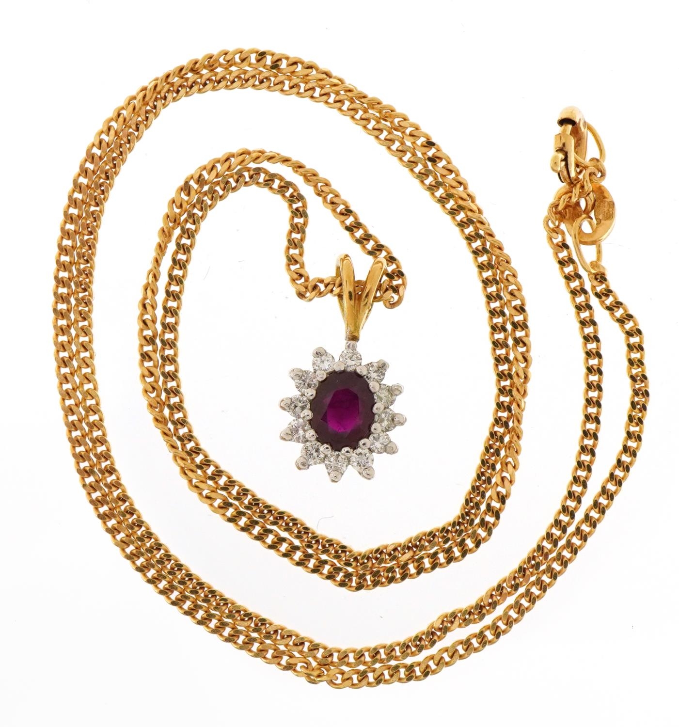 18ct gold ruby and diamond cluster pendant on a 9ct gold curb link necklace, 1.5cm high and 41cm - Image 2 of 4