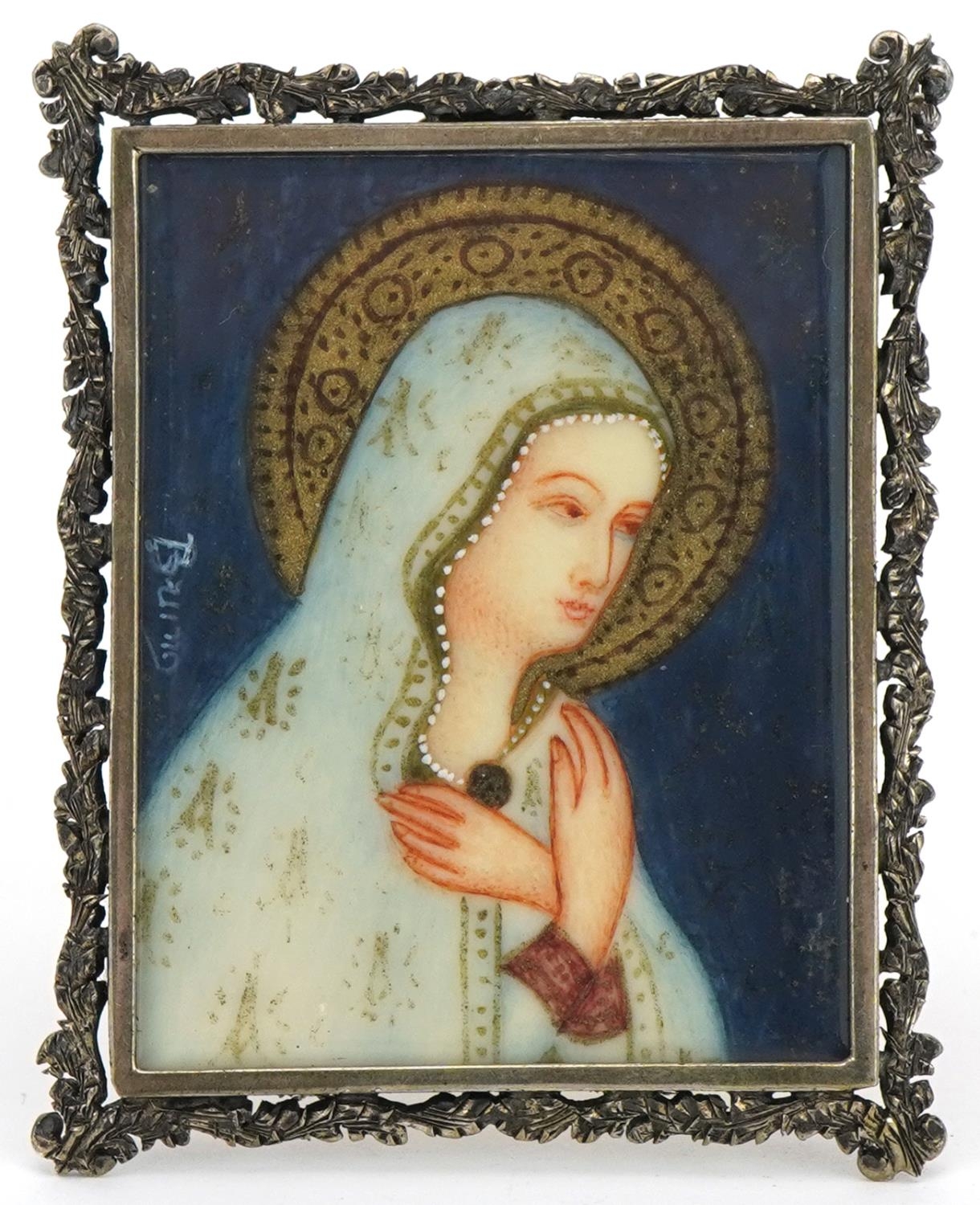 Continental 800 grade silver easel frame housing a hand painted religious icon of a Madonna, 5.5cm x