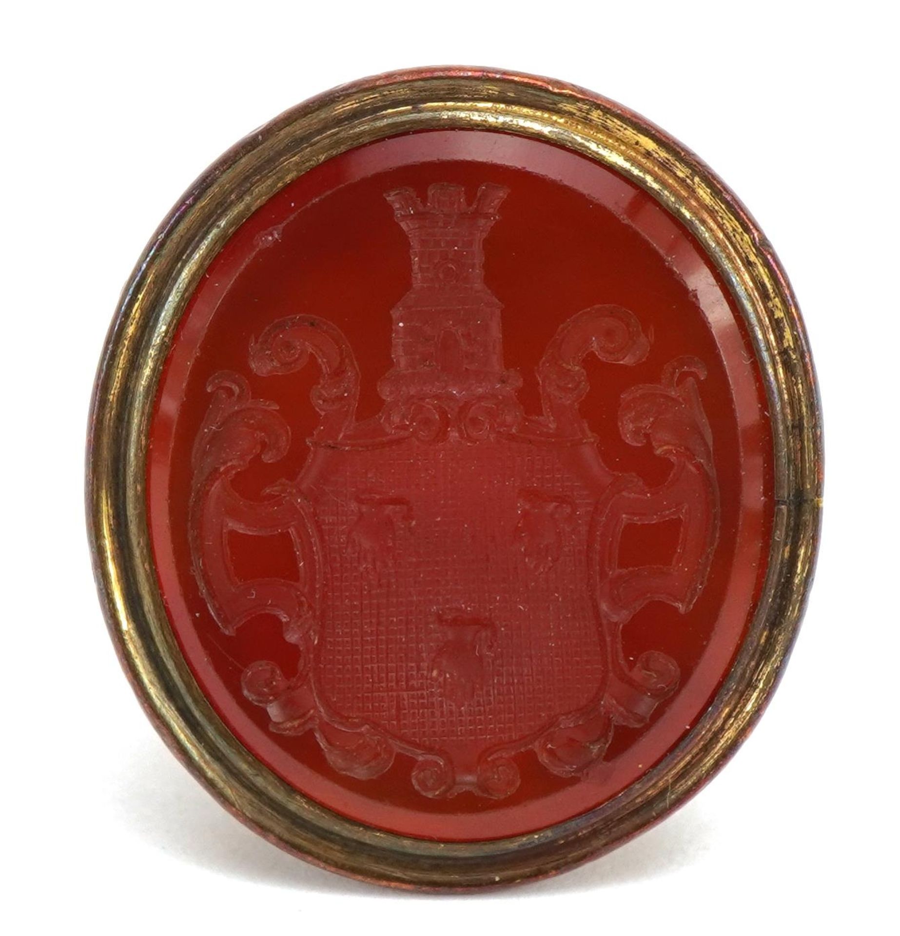 Two antique yellow metal carnelian seal fobs including one carved with a heraldic crest, the largest - Image 4 of 4