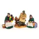 Three Royal Doulton figures comprising Lunchtime HN2485, The Old Balloon Seller HN1315 and Silks &