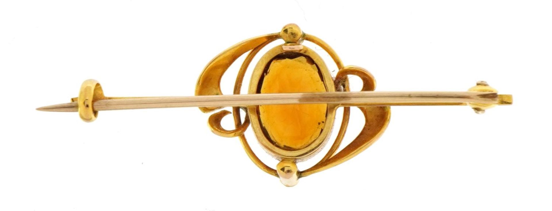 Art Nouveau 9ct gold citrine and seed pearl bar brooch housed in a fitted leather box, 4.1cm wide, - Image 2 of 5