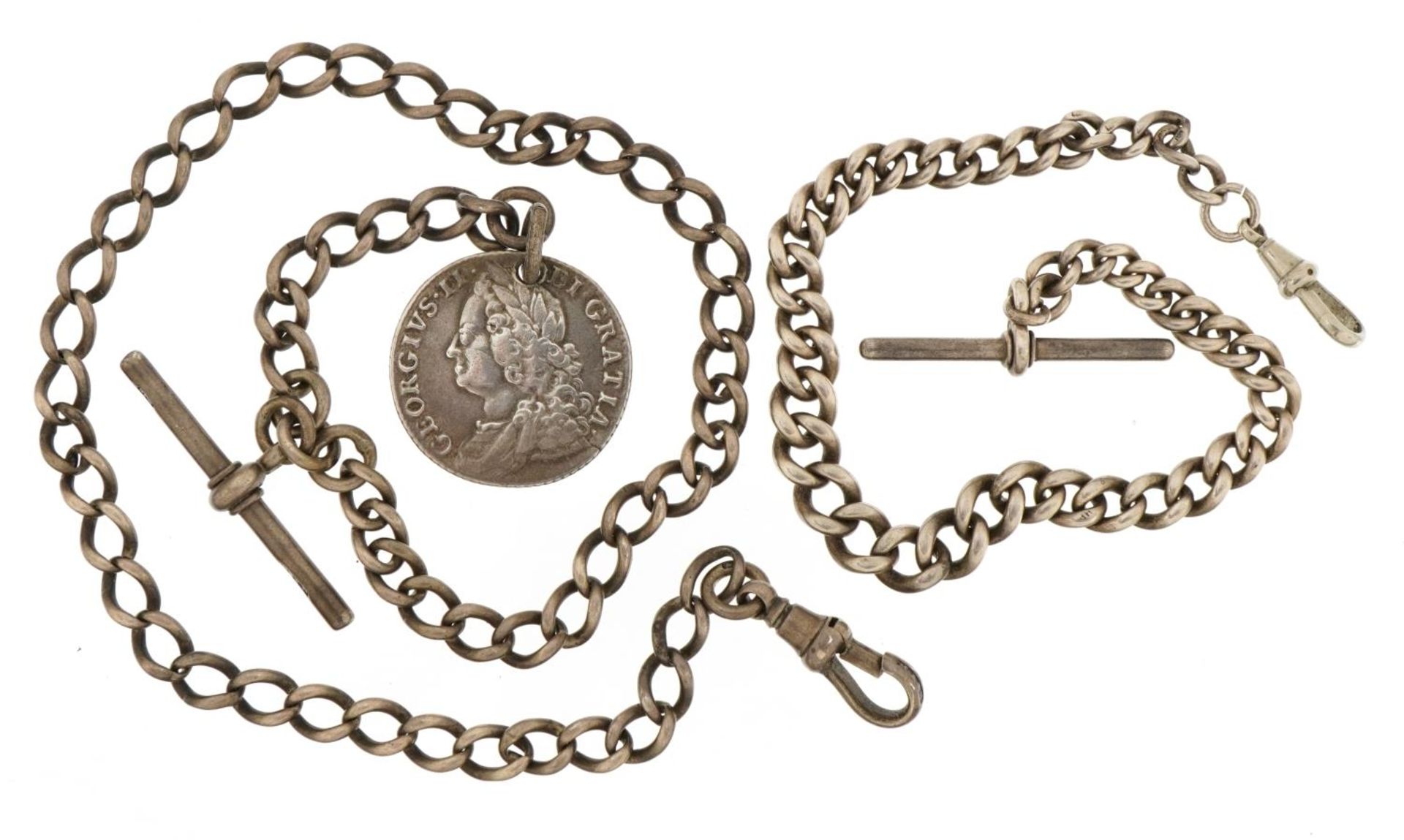 Two gentlemen's silver watch chains with T bars, one with a George II 1758 shilling, the largest