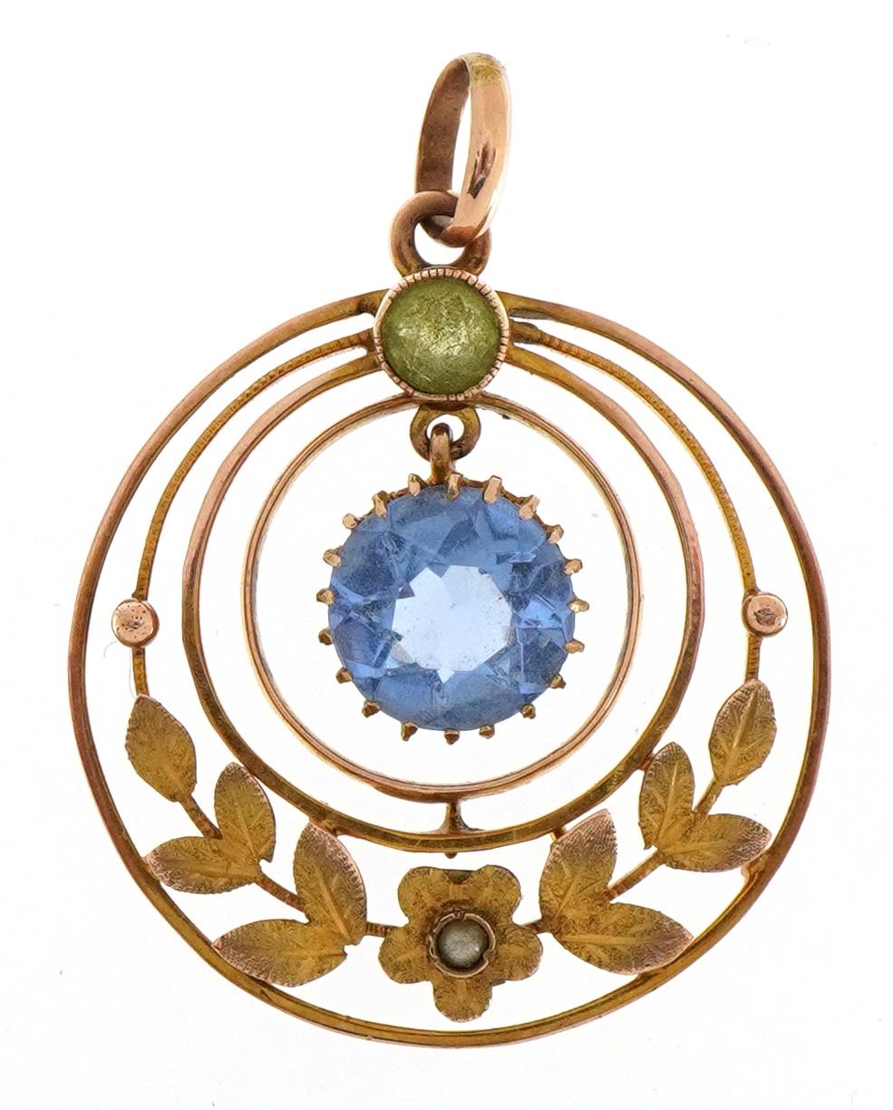 Edwardian 9ct rose gold peridot, blue stone and seed pearl drop pendant, 3.5cm high, 3.6g